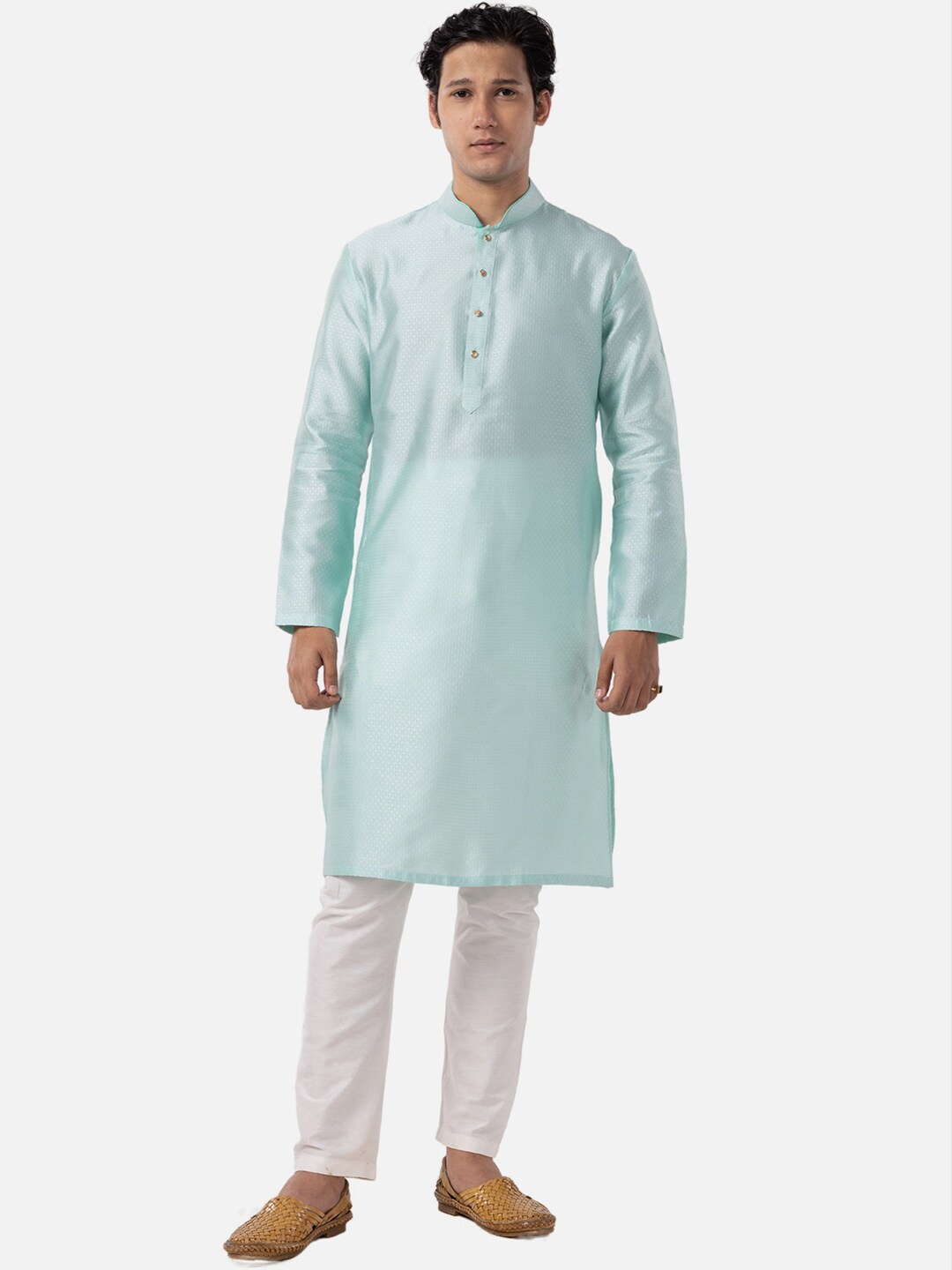 

THE KURTA COMPANY Ethnic Motifs Woven Design Straight Cotton Kurta, Blue
