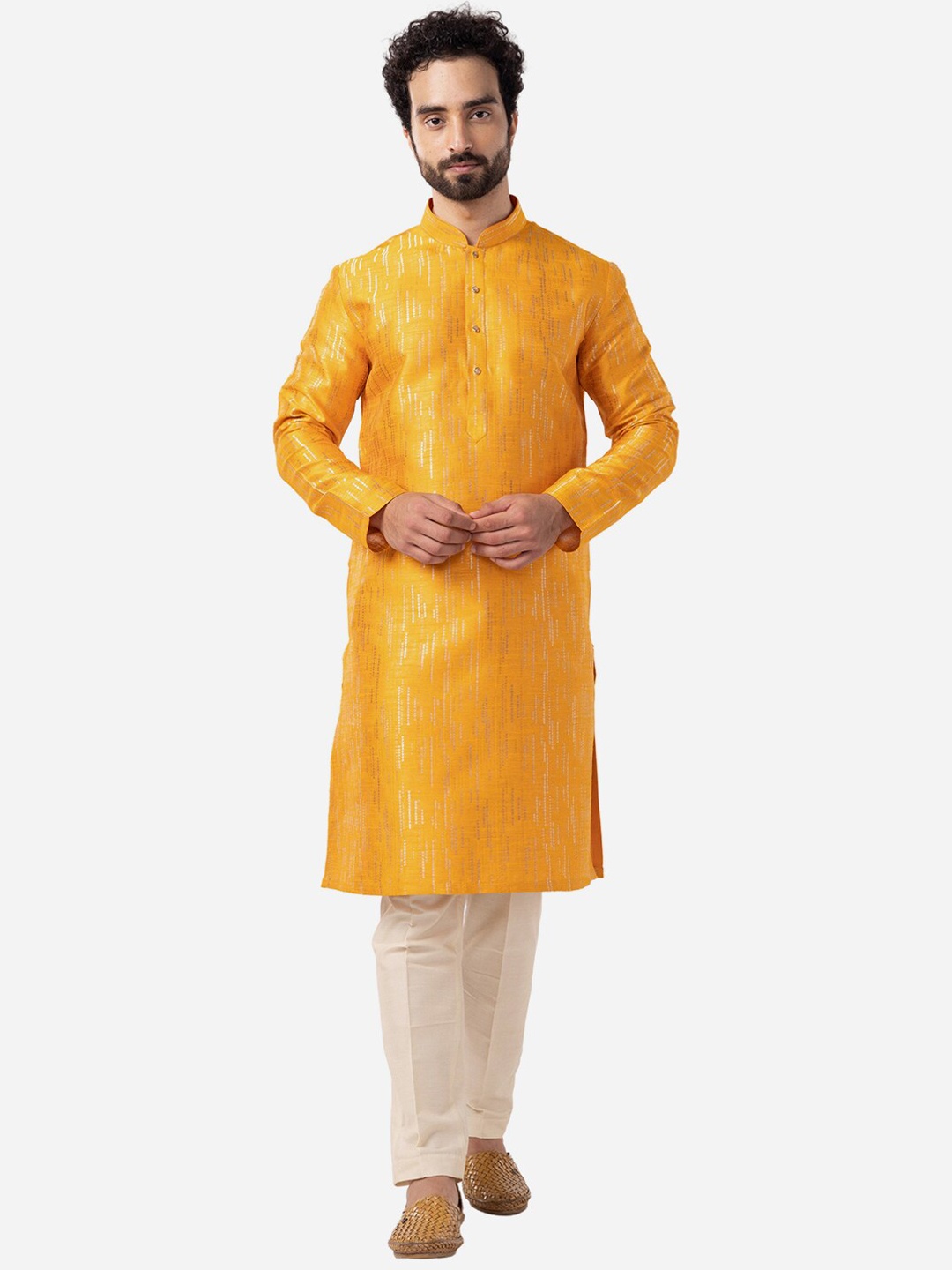 

THE KURTA COMPANY Geometric Printed Mandarin Collar Straight Kurta, Yellow