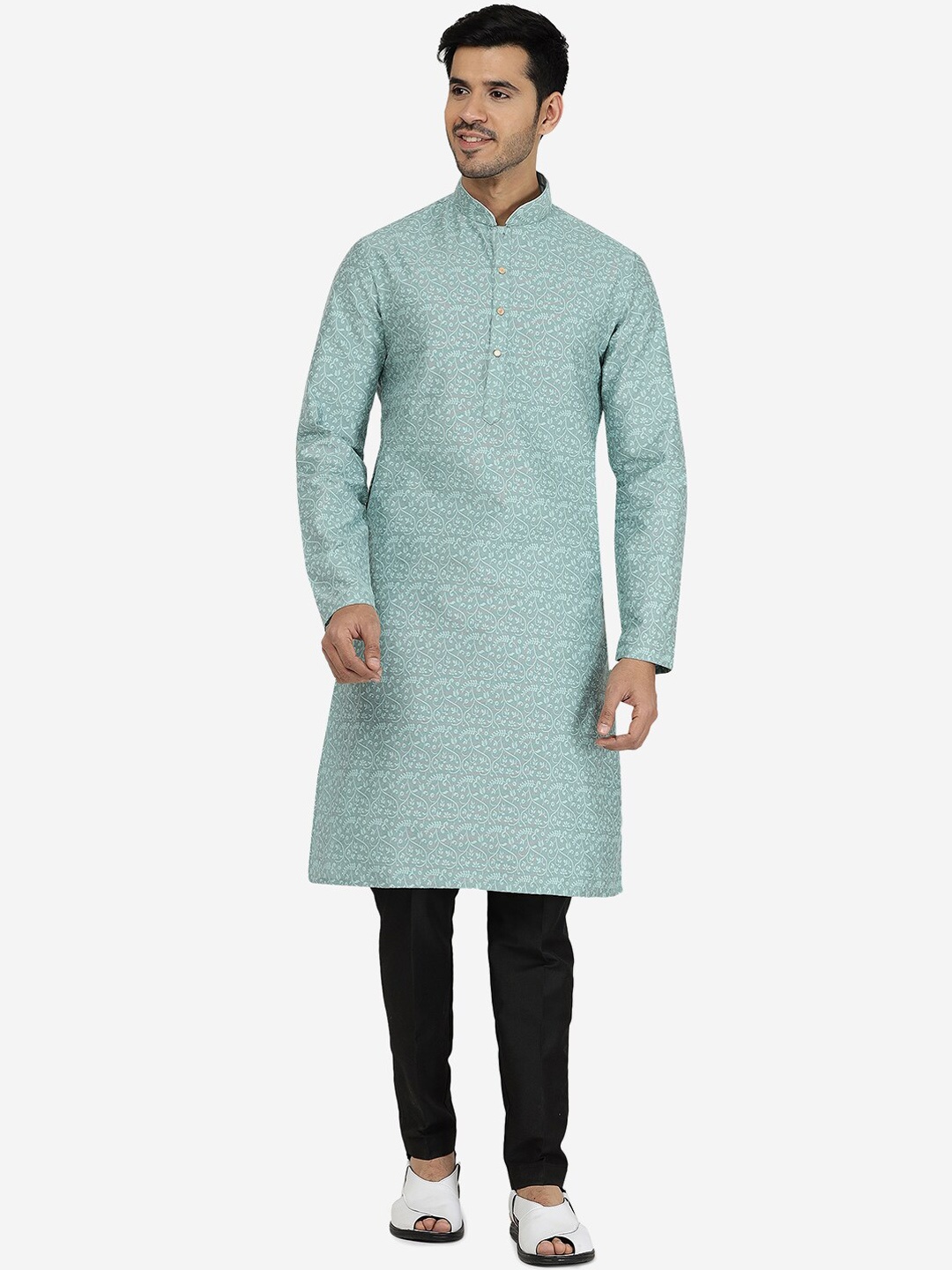 

THE KURTA COMPANY Floral Printed Mandarin Collar Silk Kurta, Blue