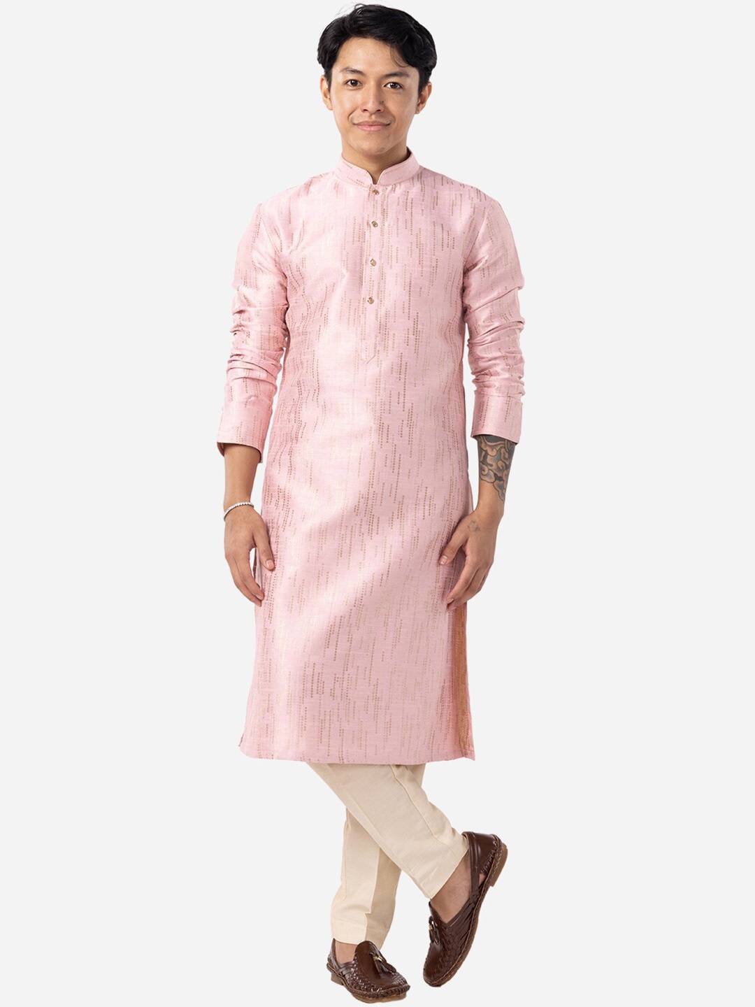 

THE KURTA COMPANY Men Striped Straight Kurta, Pink