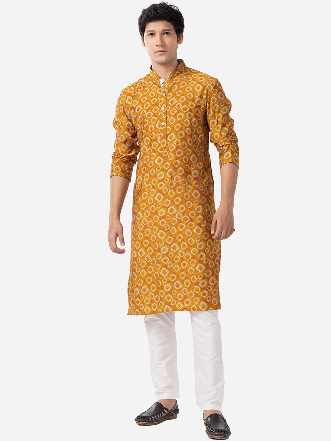 

THE KURTA COMPANY Abstract Printed Mandarin Collar Kurta, Yellow