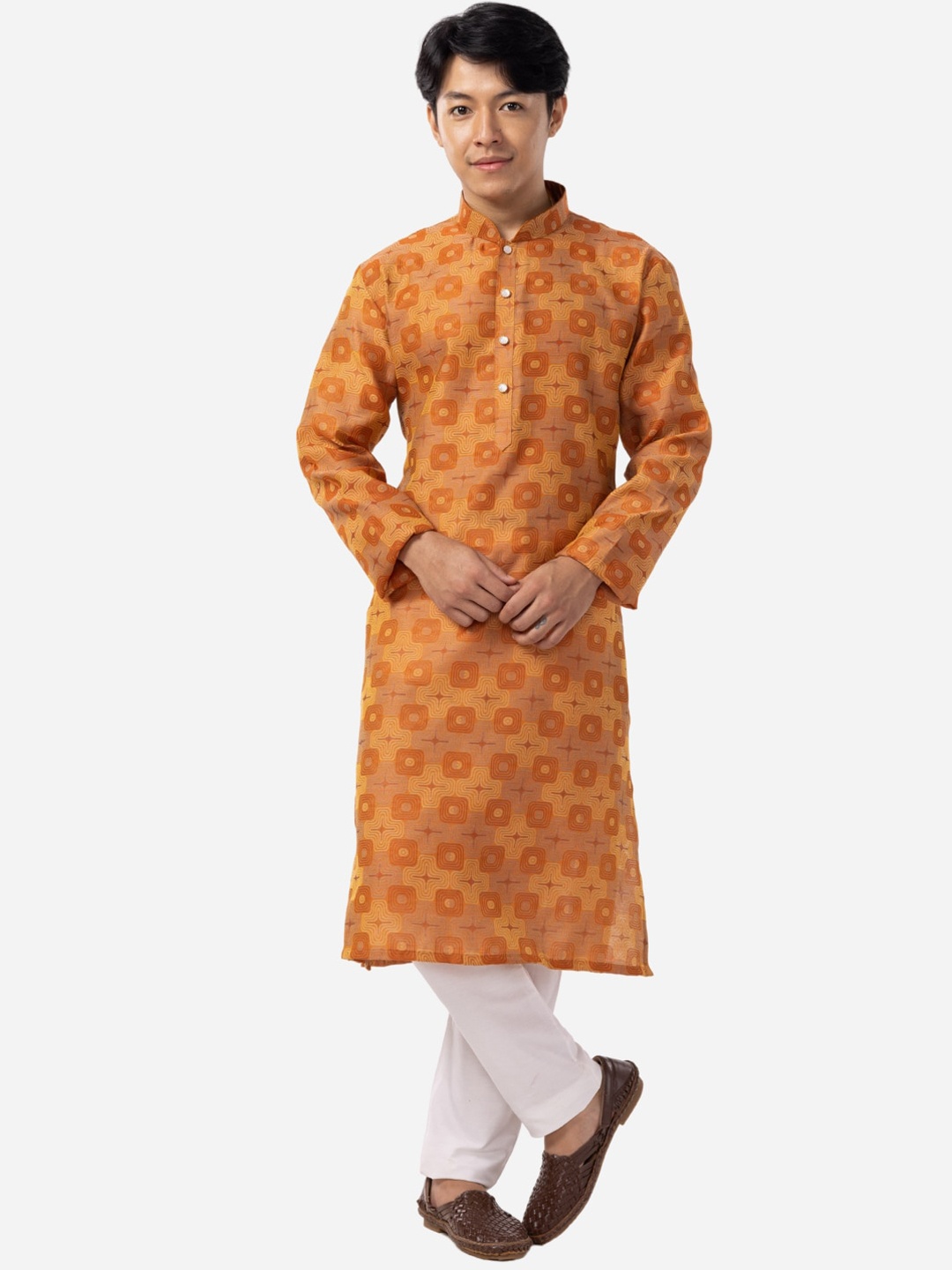 

THE KURTA COMPANY Geometric Printed Mandarin Collar Cotton Silk Kurta, Brown