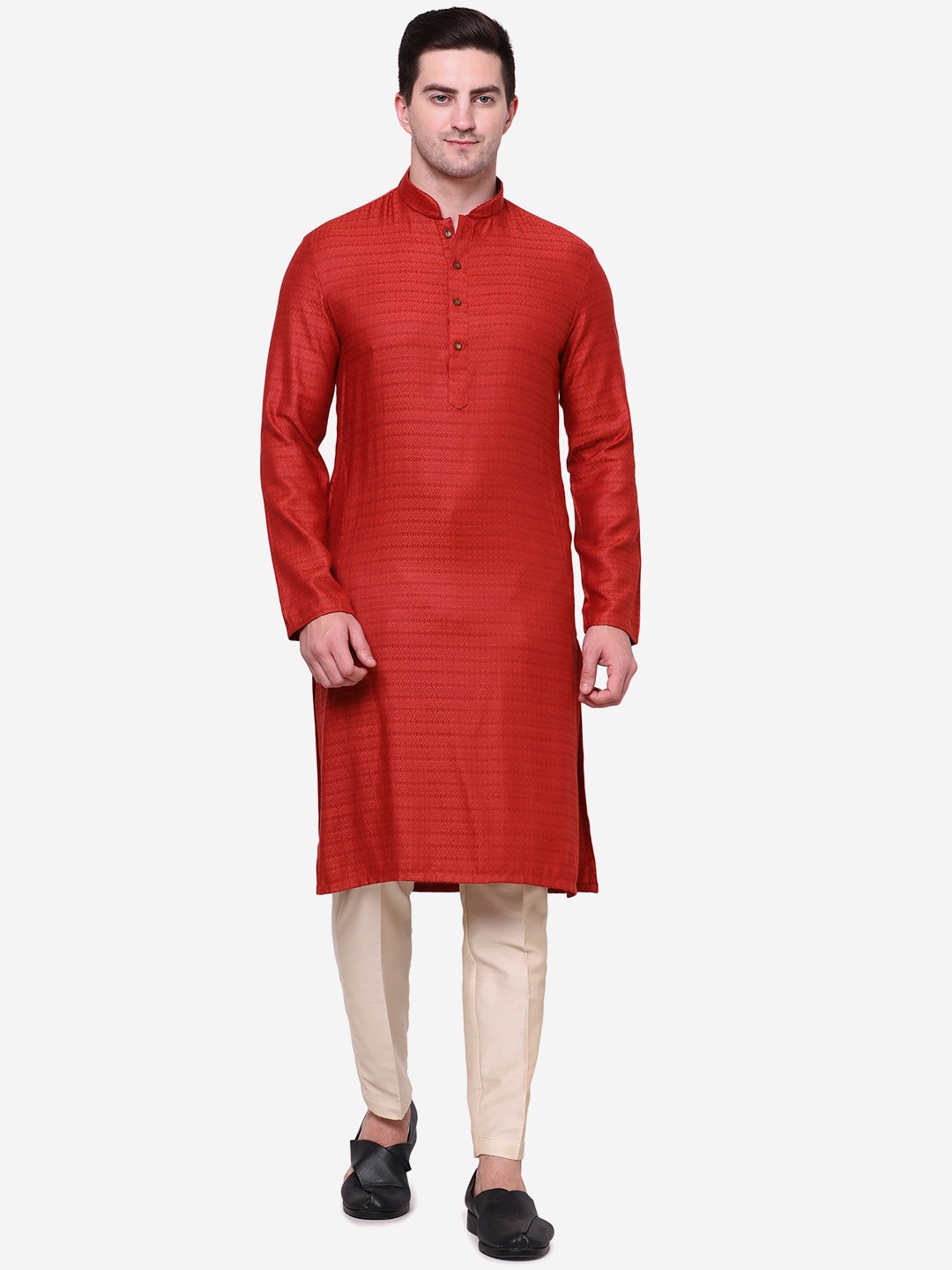 

THE KURTA COMPANY Ethnic Motifs Woven Design Mandarin Collar Kurta, Red