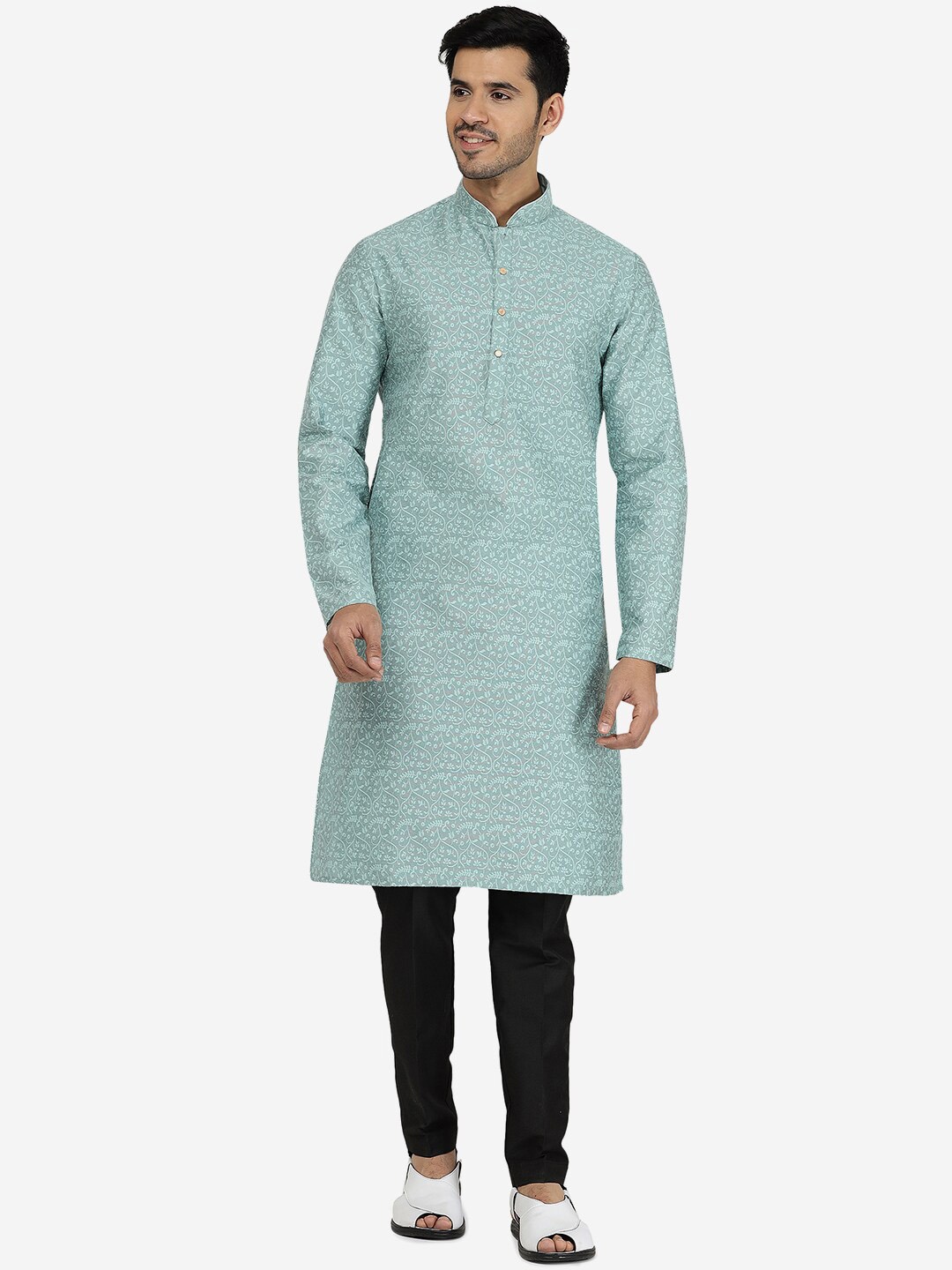

THE KURTA COMPANY Floral Printed Mandarin Collar Kurta, Turquoise blue