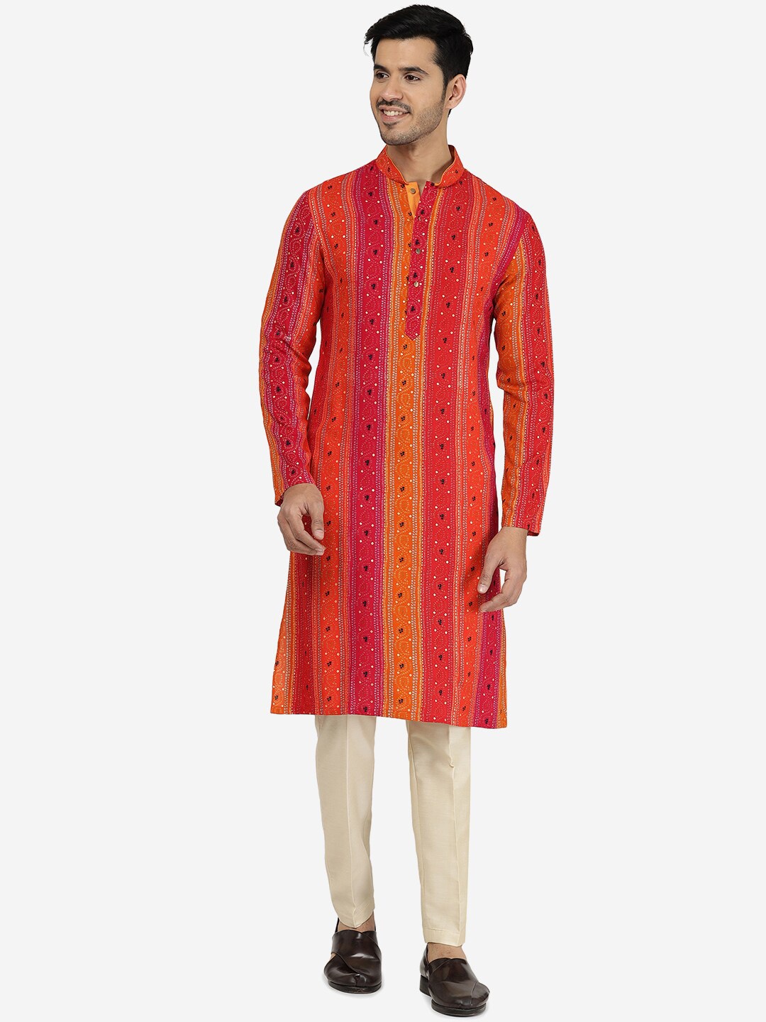 

THE KURTA COMPANY Bandhani Printed Mandarin Collar Kurta, Pink