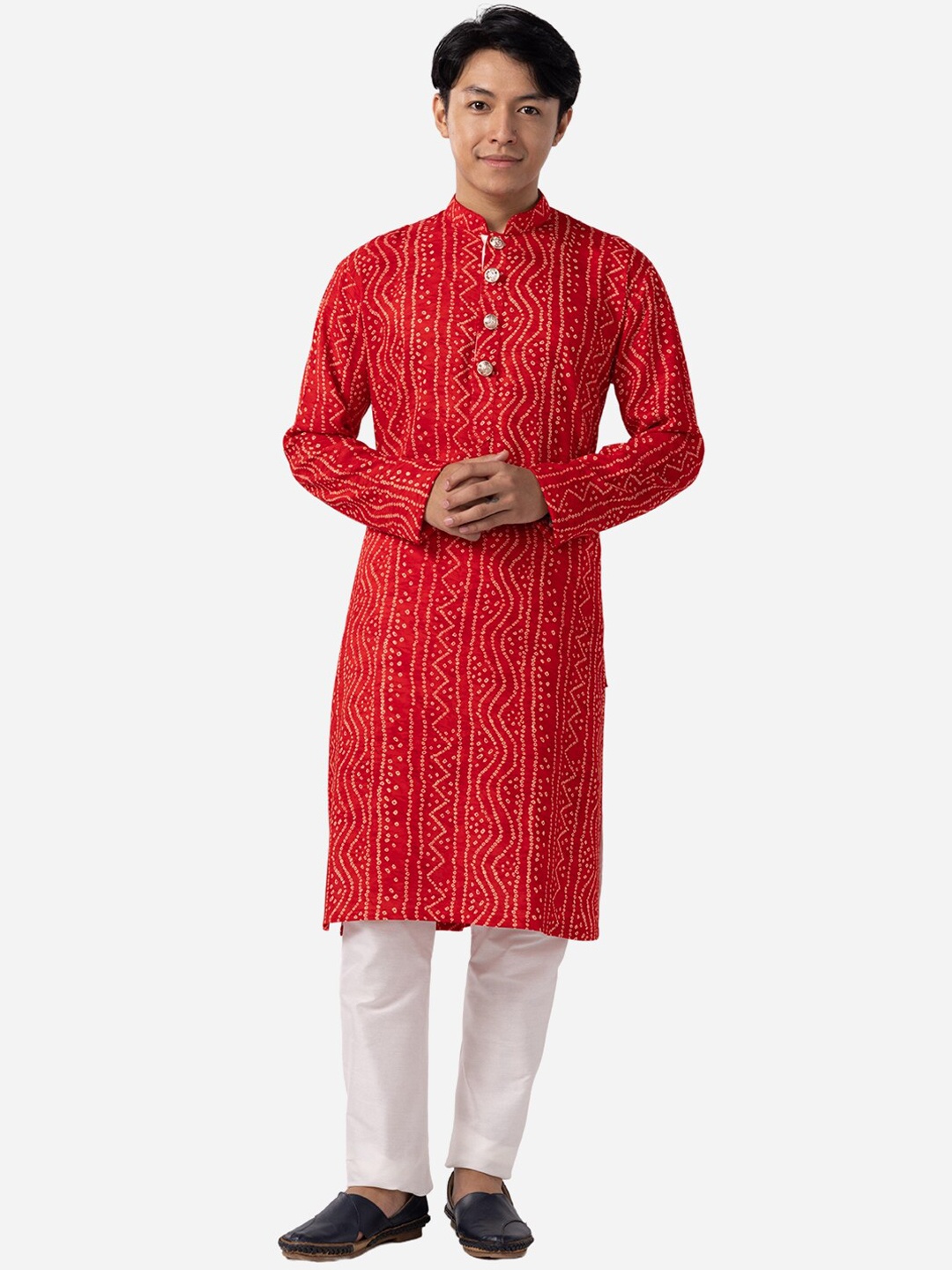 

THE KURTA COMPANY Bandhani Printed Mandarin Collar Kurta, Red