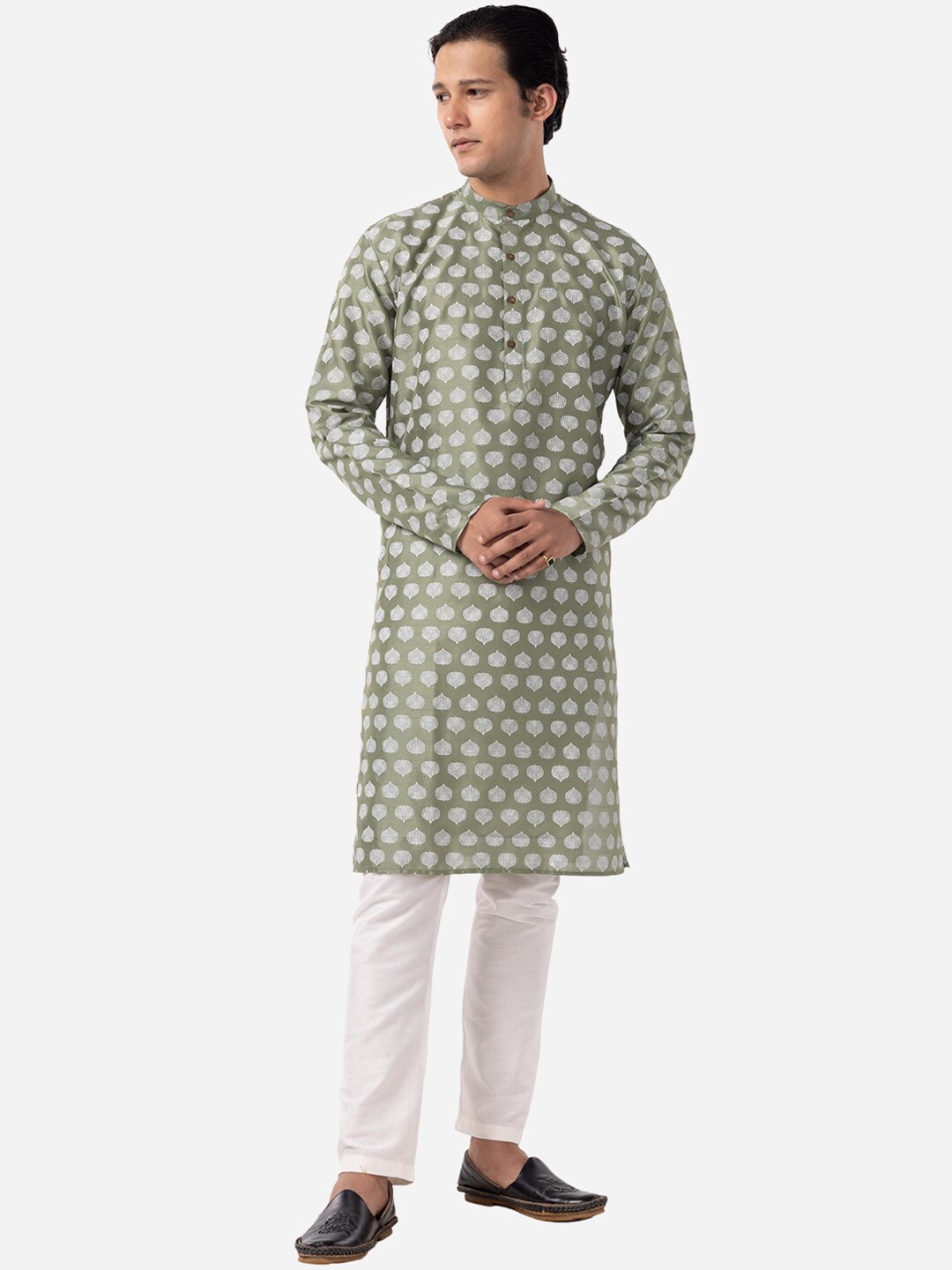 

THE KURTA COMPANY Ethnic Motifs Printed Mandarin Collar Kurta, Green