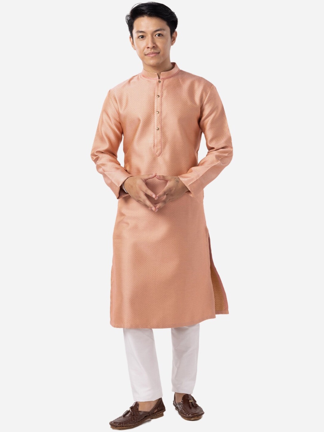 

THE KURTA COMPANY Self Design Mandarin Collar Silk Kurta, Pink