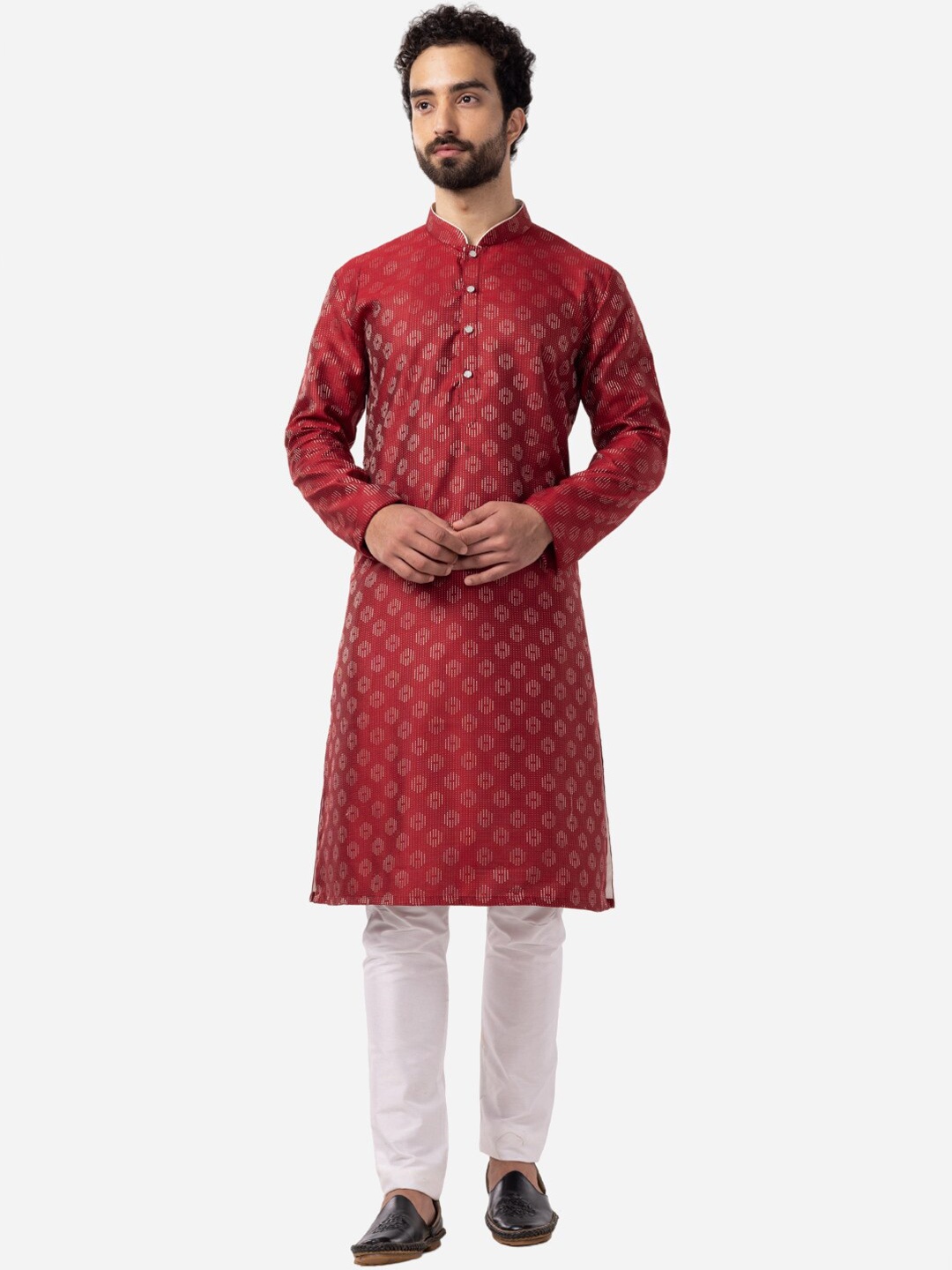 

THE KURTA COMPANY Ethnic Motifs Printed Mandarin Collar Cotton Silk Kurta, Red