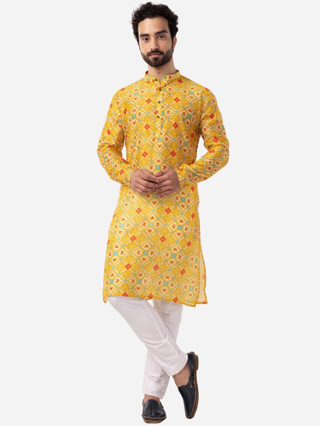 

THE KURTA COMPANY Floral Printed Mandarin Collar Silk Kurta, Yellow