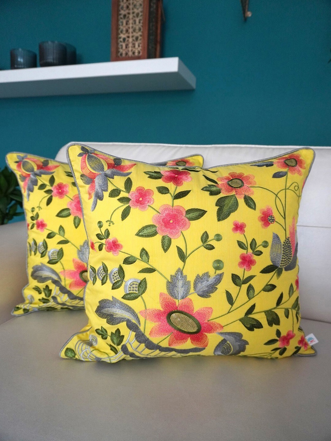 

TARA- Sparkling Homes Yellow & Pink 2 Pieces Floral Embroidered Square Cushion Covers