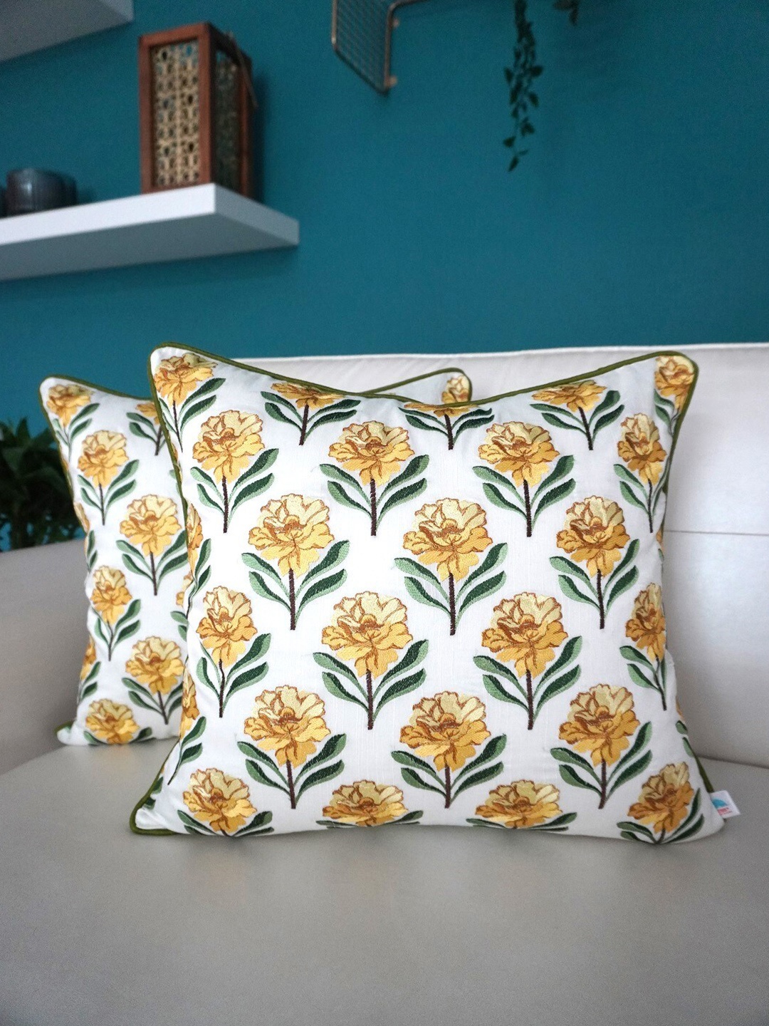 

TARA- Sparkling Homes Yellow & White 2 Pieces Embroidered Square Cushion Covers