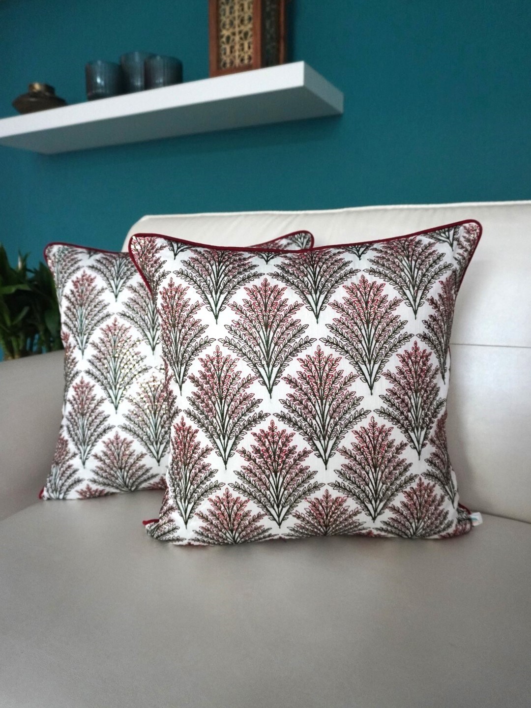 

TARA- Sparkling Homes White & Green 2 Pieces Cotton Silk Embroidered Square Cushion Covers