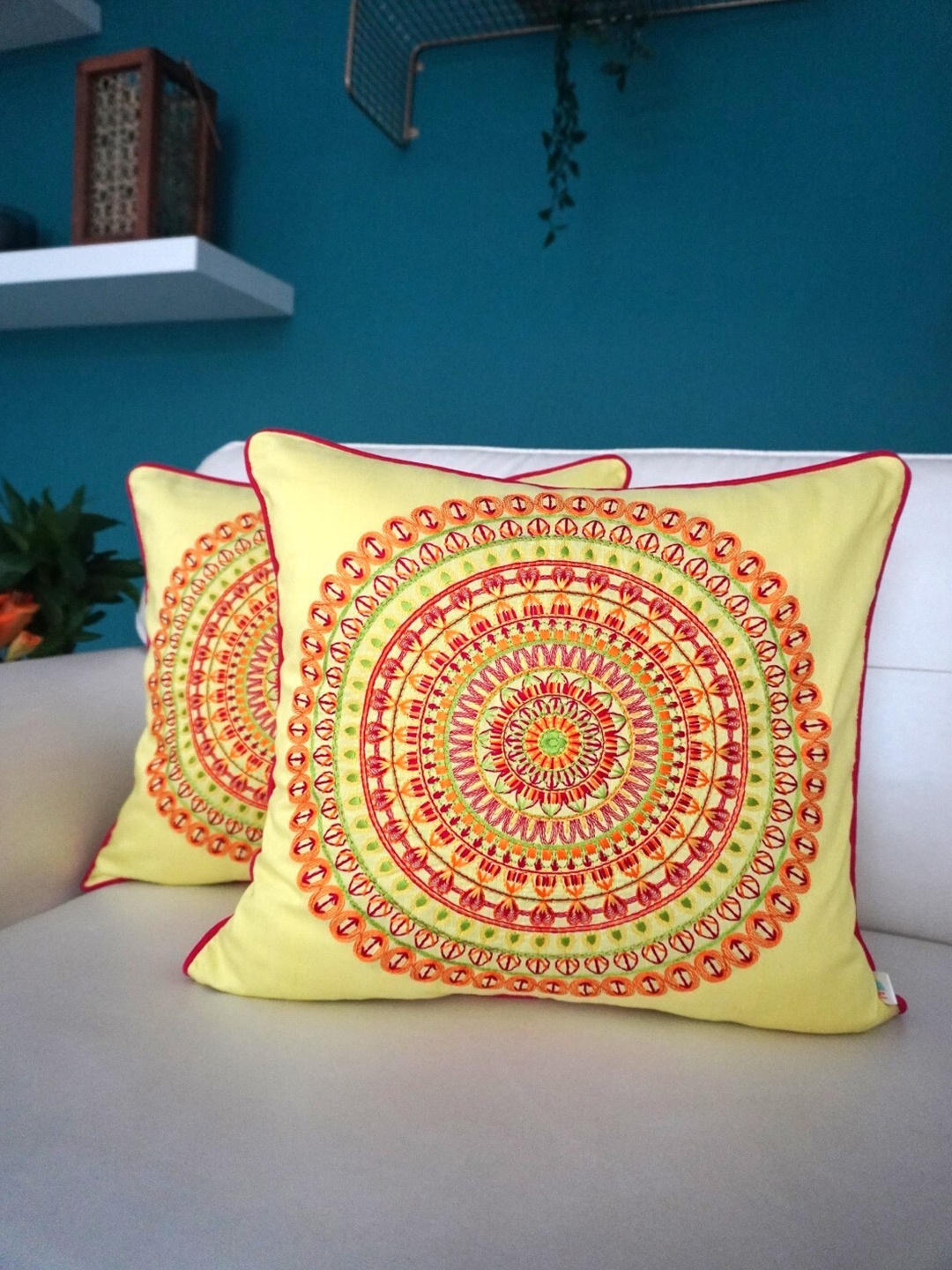 TARA- Sparkling Homes Yellow & Red 2 Pieces Cotton Silk Embroidered Square Cushion Covers