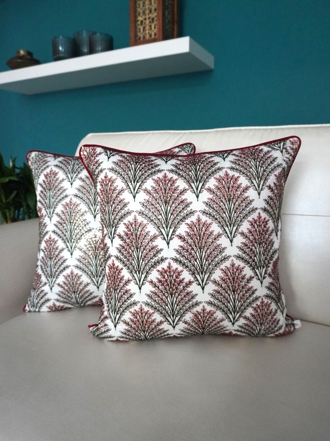 

TARA- Sparkling Homes White 2 Pieces Cotton Silk Embroidered Square Cushion Covers
