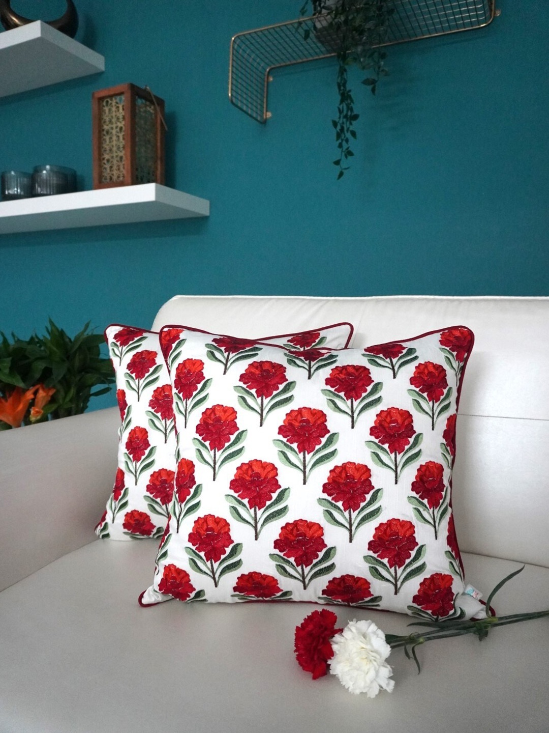 

TARA- Sparkling Homes White & Red 2 Pieces Floral Embroidered Square Cushion Covers