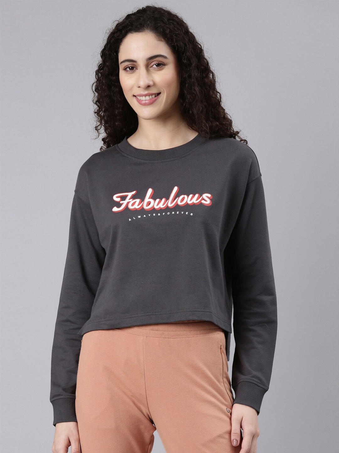 

Enamor Typography Printed Drop Shoulder Cotton Crop Sweatshirt, Grey