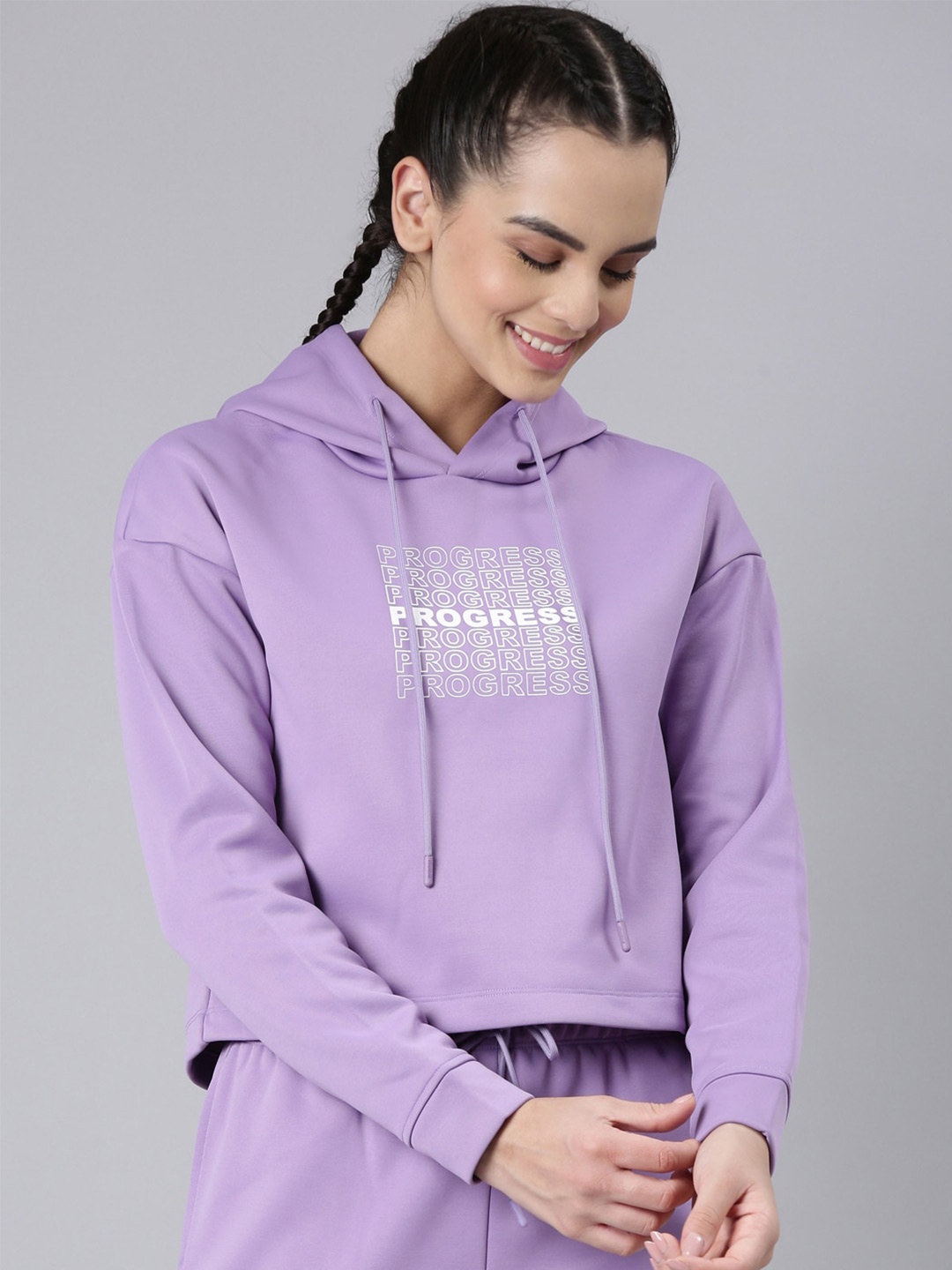 

Enamor Typography Printed Relax Fit Hooded Crop Pullover Sweatshirt, Purple