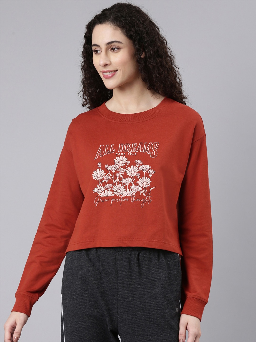 

Enamor Floral Printed Drop Shoulder Cotton Crop Sweatshirt, Rust