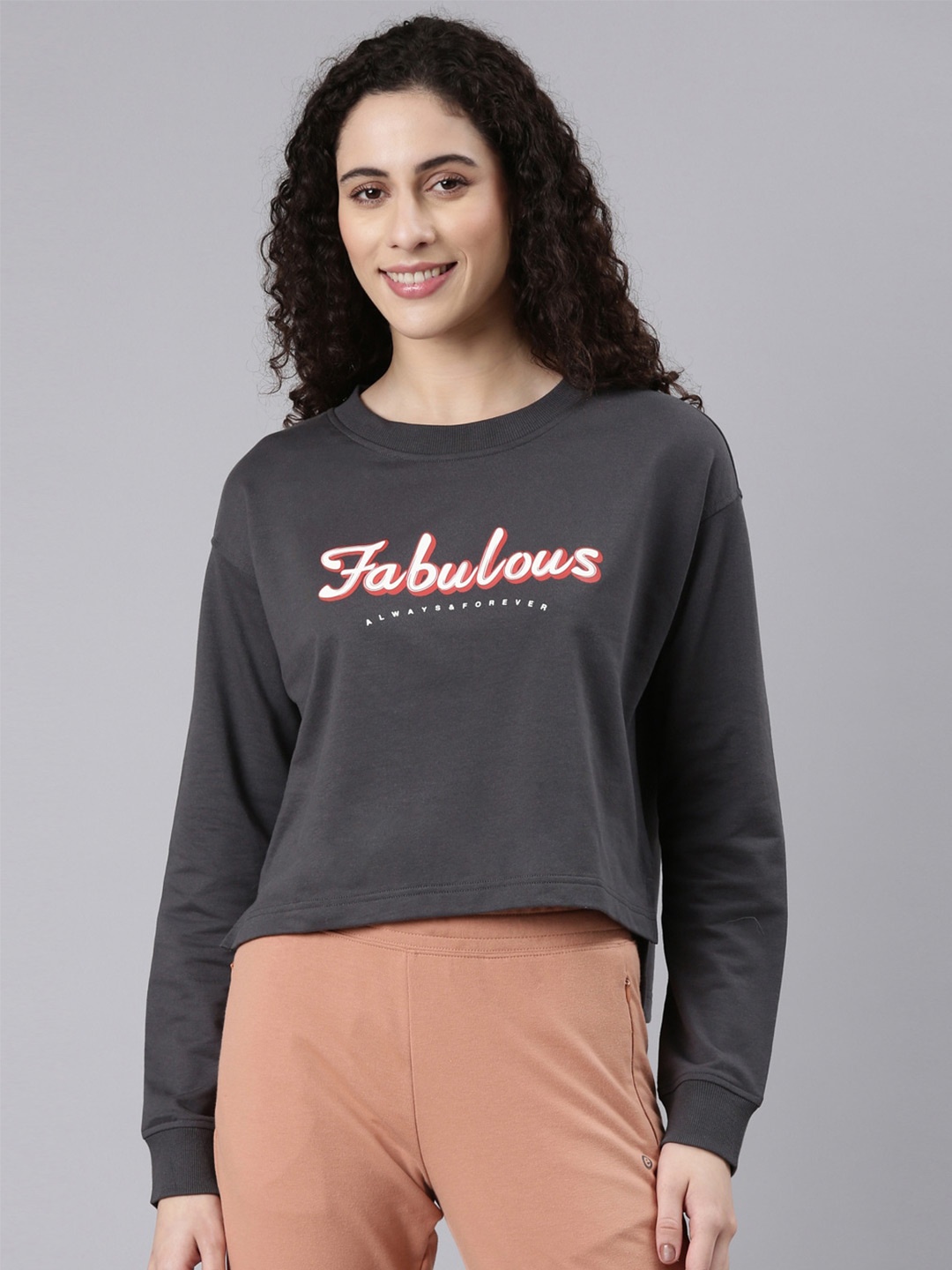 

Enamor Typography Printed Cotton Crop Pullover Sweatshirt, Grey