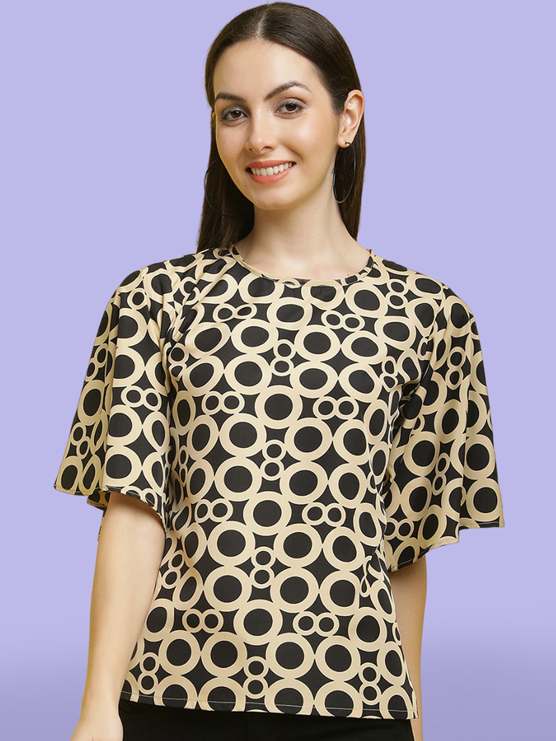 

Poshyaa Geometric Printed Flared Sleeves Top, Beige