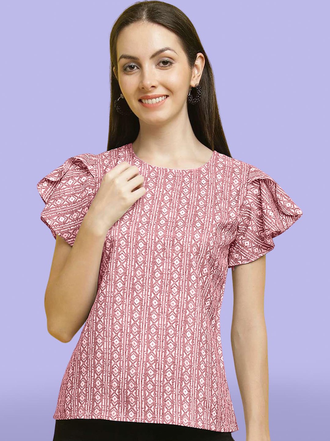 

Poshyaa Geometric Printed Flutter Sleeves Top, Pink