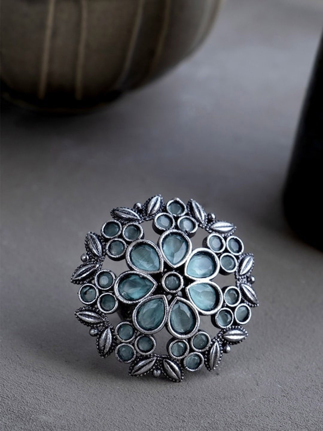 

Infuzze Silver-Plated Stone-Studded Oxidised Finger Ring