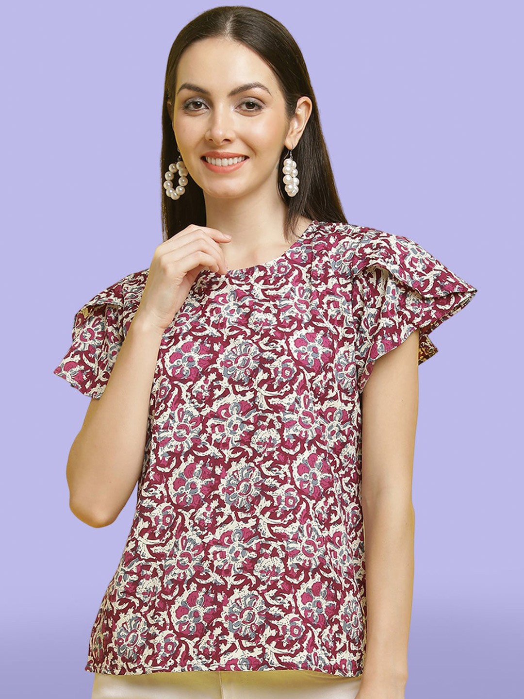 

Poshyaa Floral Printed Flutter Sleeves Top, Maroon