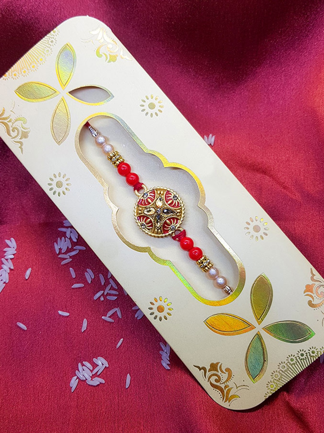 

CRAYTON Stone-studded & Beaded Ethnic Rakhi, Gold