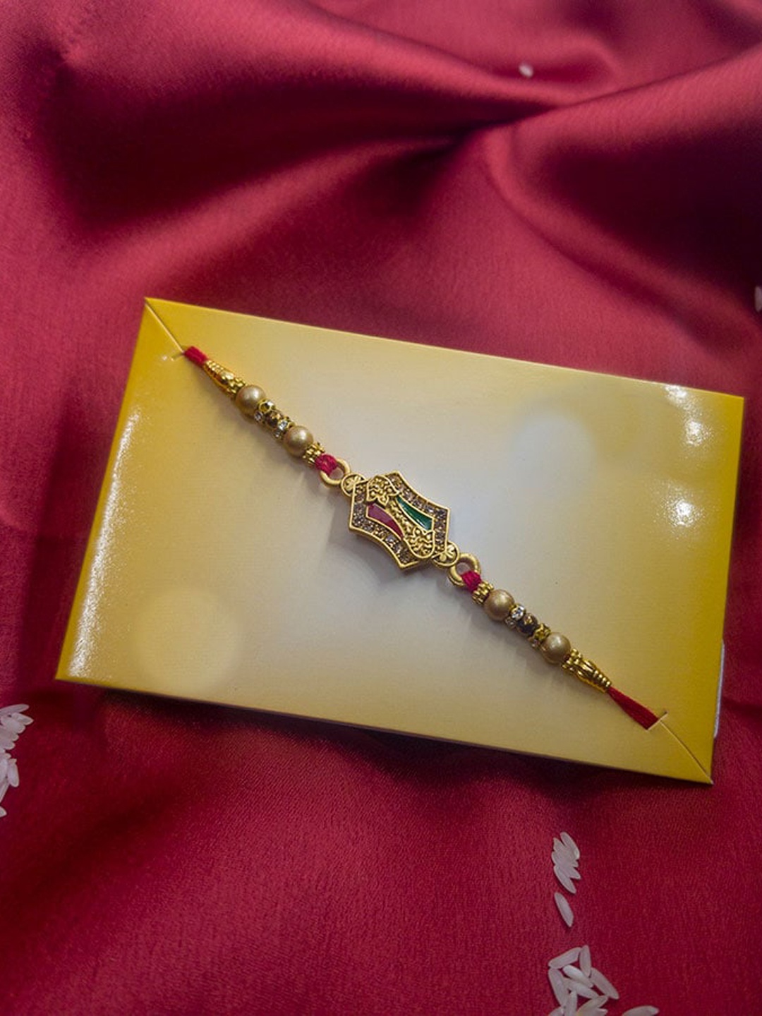 

CRAYTON Unisex Stone-studded & Beaded Lotus Bud Charm Rakhi, Gold