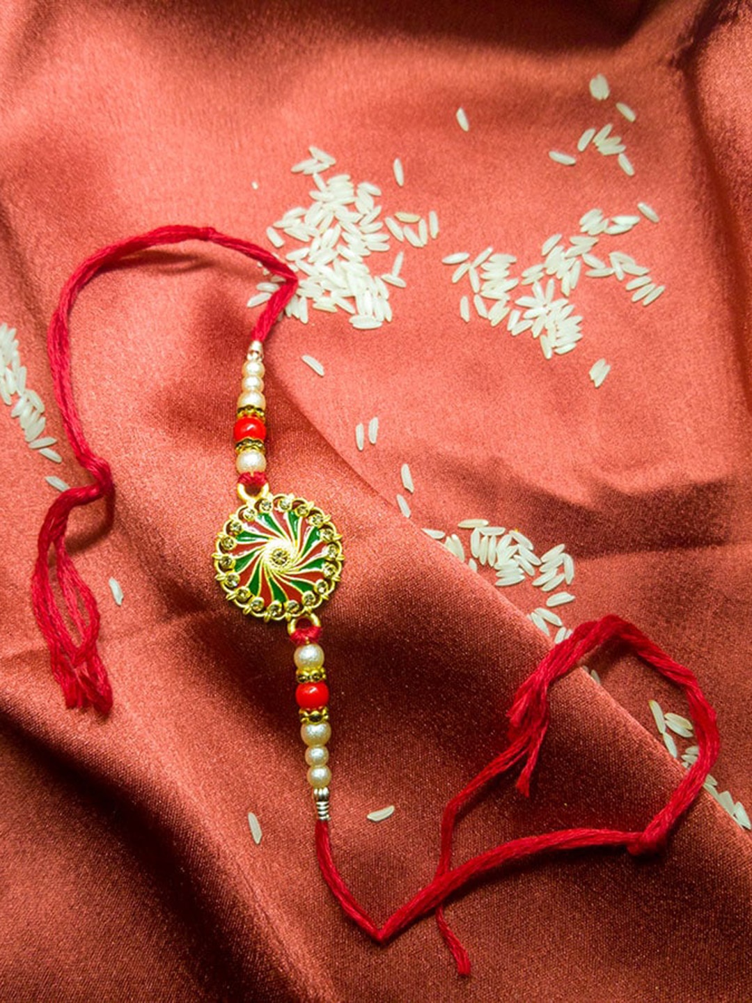 

CRAYTON Unisex Stone-studded & Beaded Ethnic Rakhi, Gold