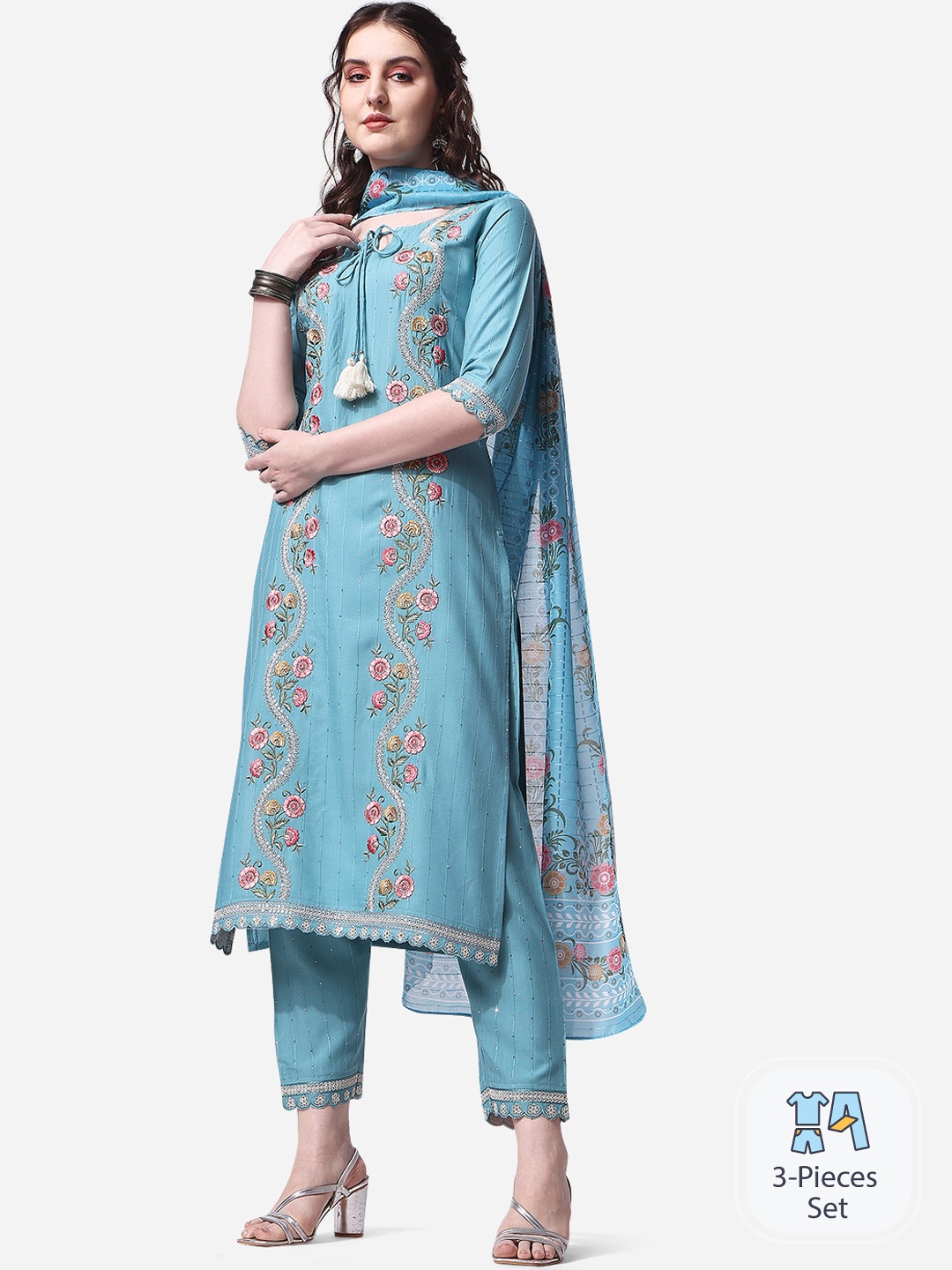 

KALINI Floral Embroidered Tie-Up Neck Straight Kurta With Trousers & Dupatta, Blue