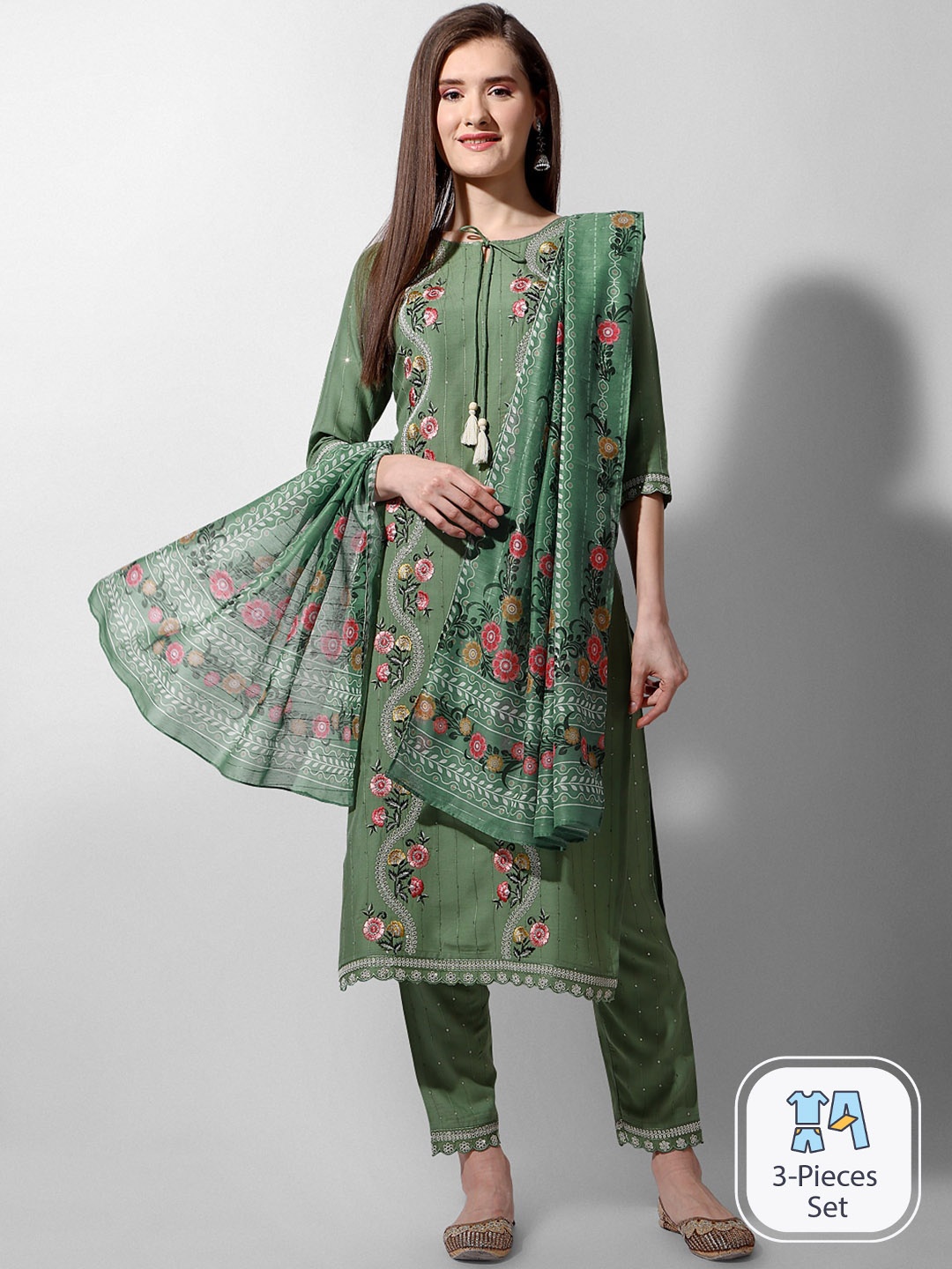

KALINI Floral Embroidered Tie-Up Neck Straight Kurta With Trousers & Dupatta, Green