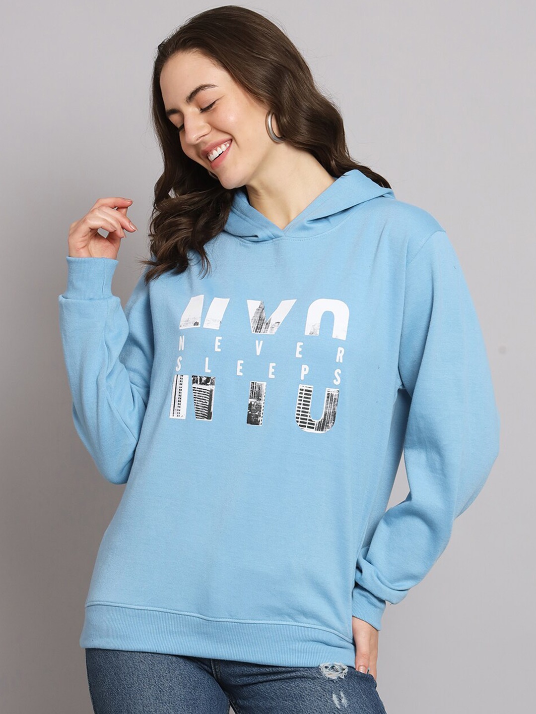 

Obaan Typography Printed Hooded Cotton Pullover, Blue