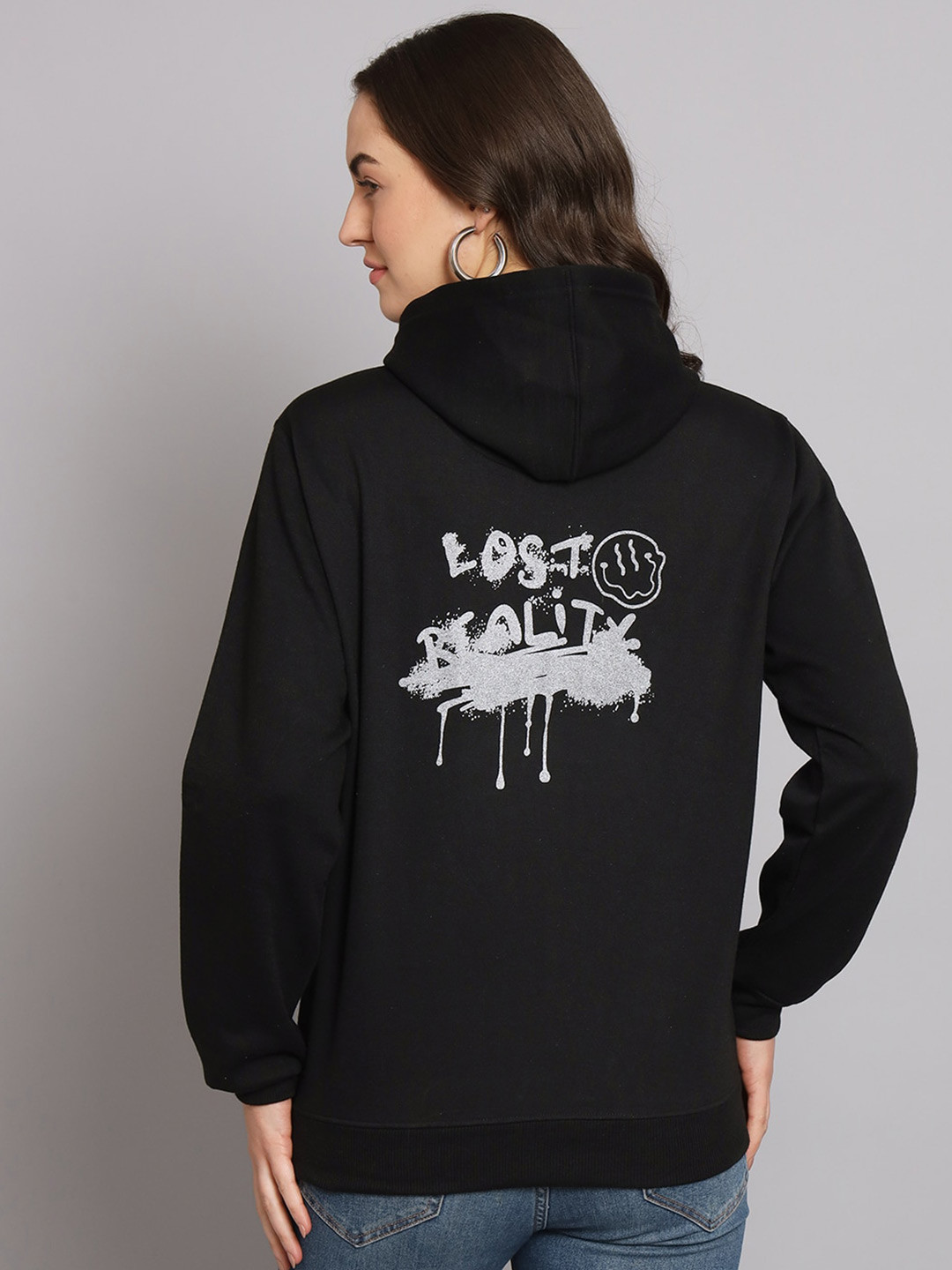 

Obaan Graphic Printed Hooded Cotton Pullover, Black