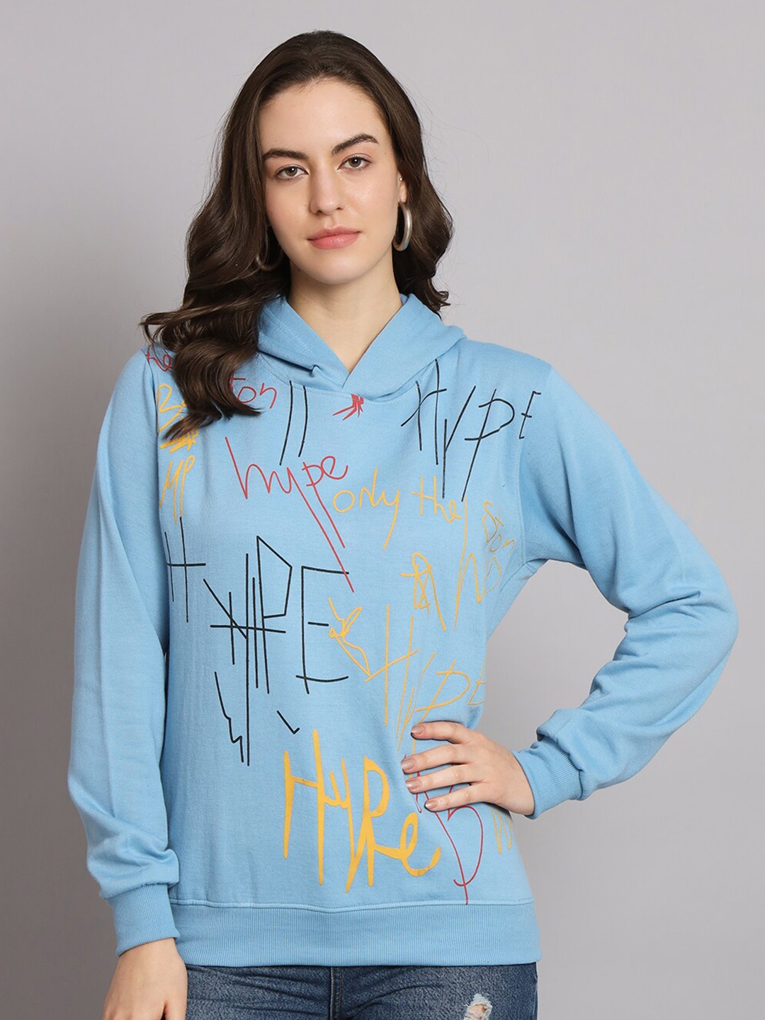 

Obaan Typography Printed Hooded Cotton Pullover, Blue