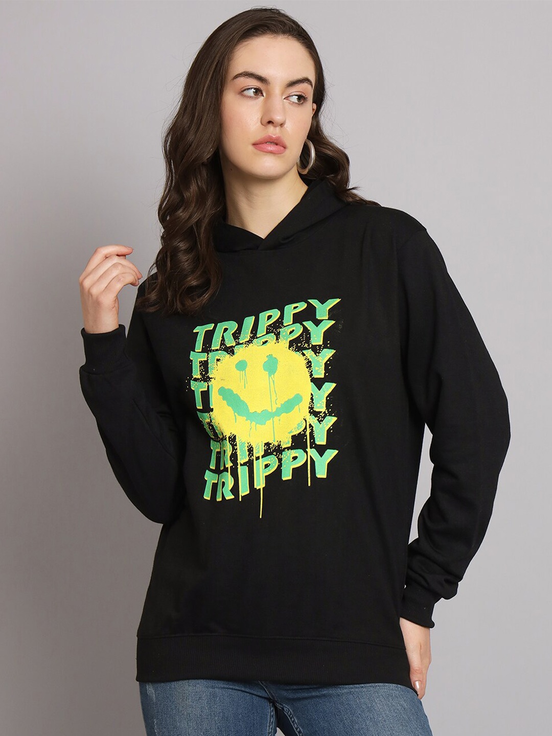 

Obaan Typography Printed Hooded Cotton Pullover, Black