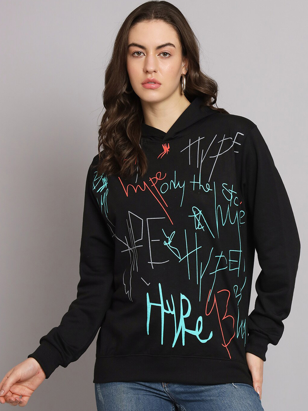 

Obaan Typography Printed Hooded Cotton Pullover, Black