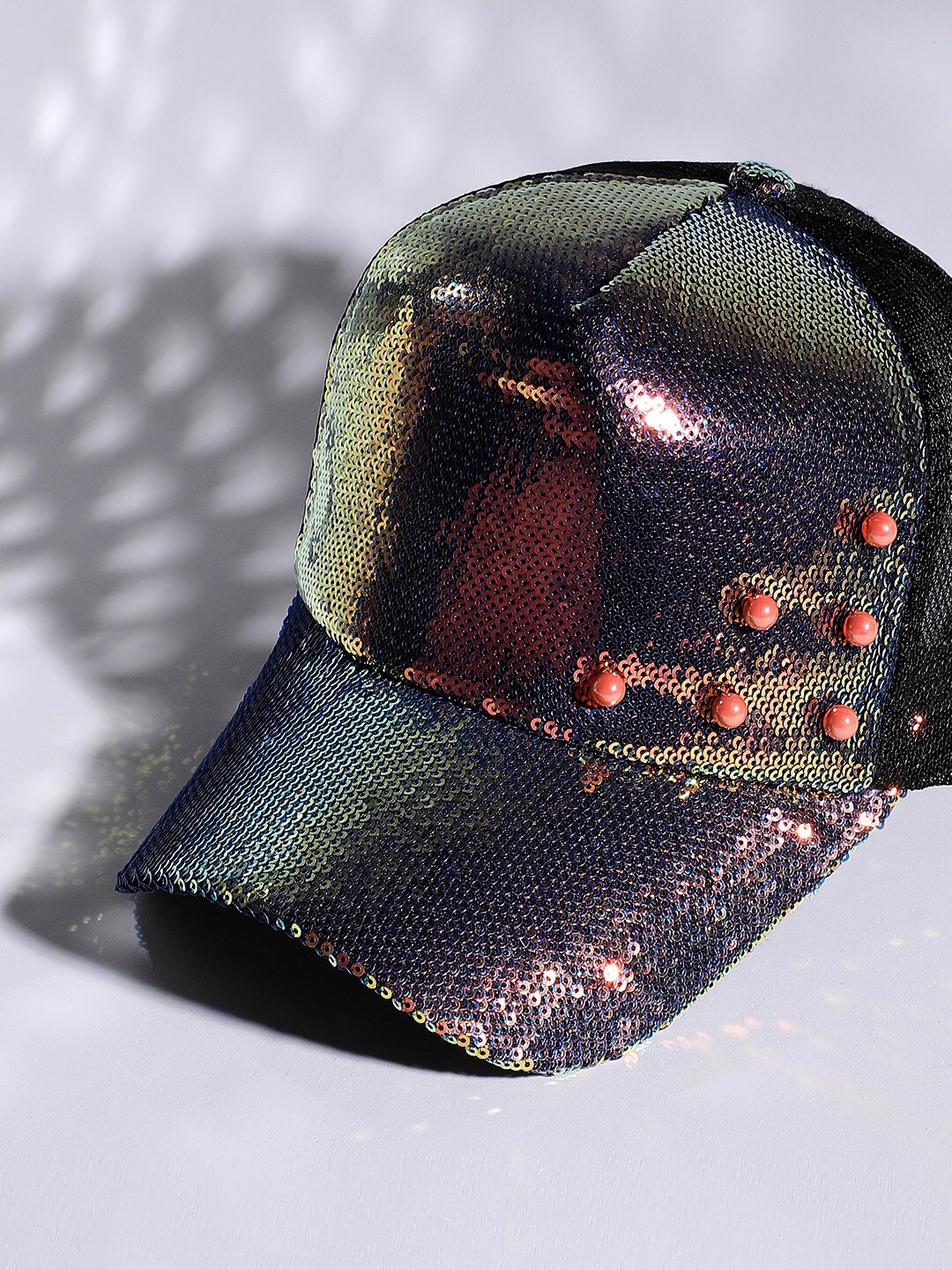 

HAUTE SAUCE by Campus Sutra Sequined Embellished Baseball Cap, Black