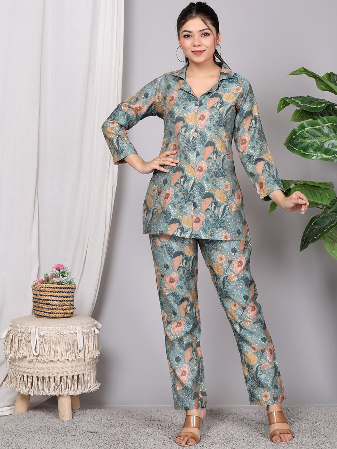 

gvs shoppe Floral Printed Shirt & Trouser Co-Ords, Green