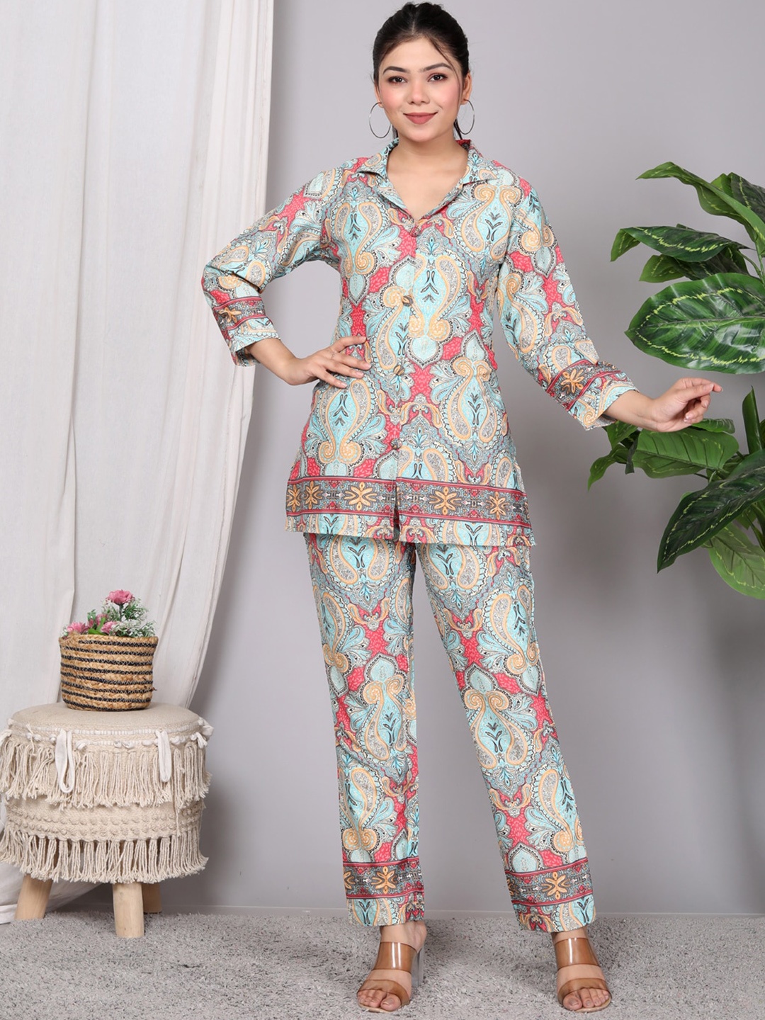 

gvs shoppe Ethnic Motifs Printed Shirt & Trouser Co-Ords, Grey