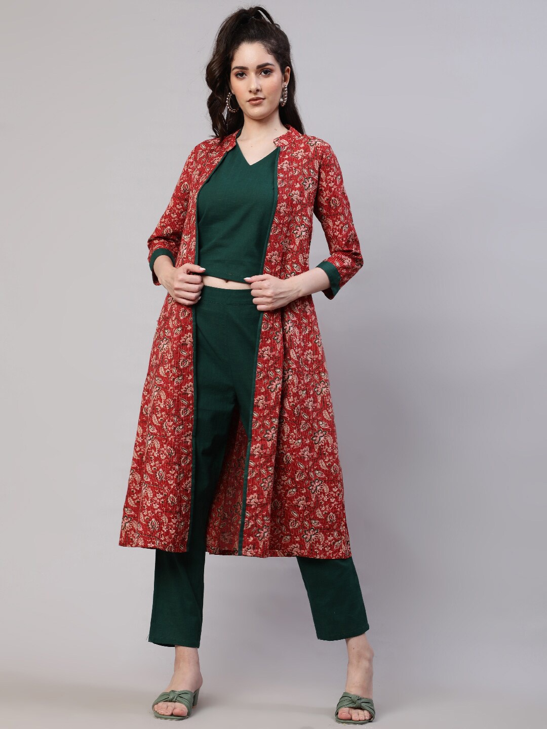 

AKS Women Floral Printed Cotton Longline Shrug, Red