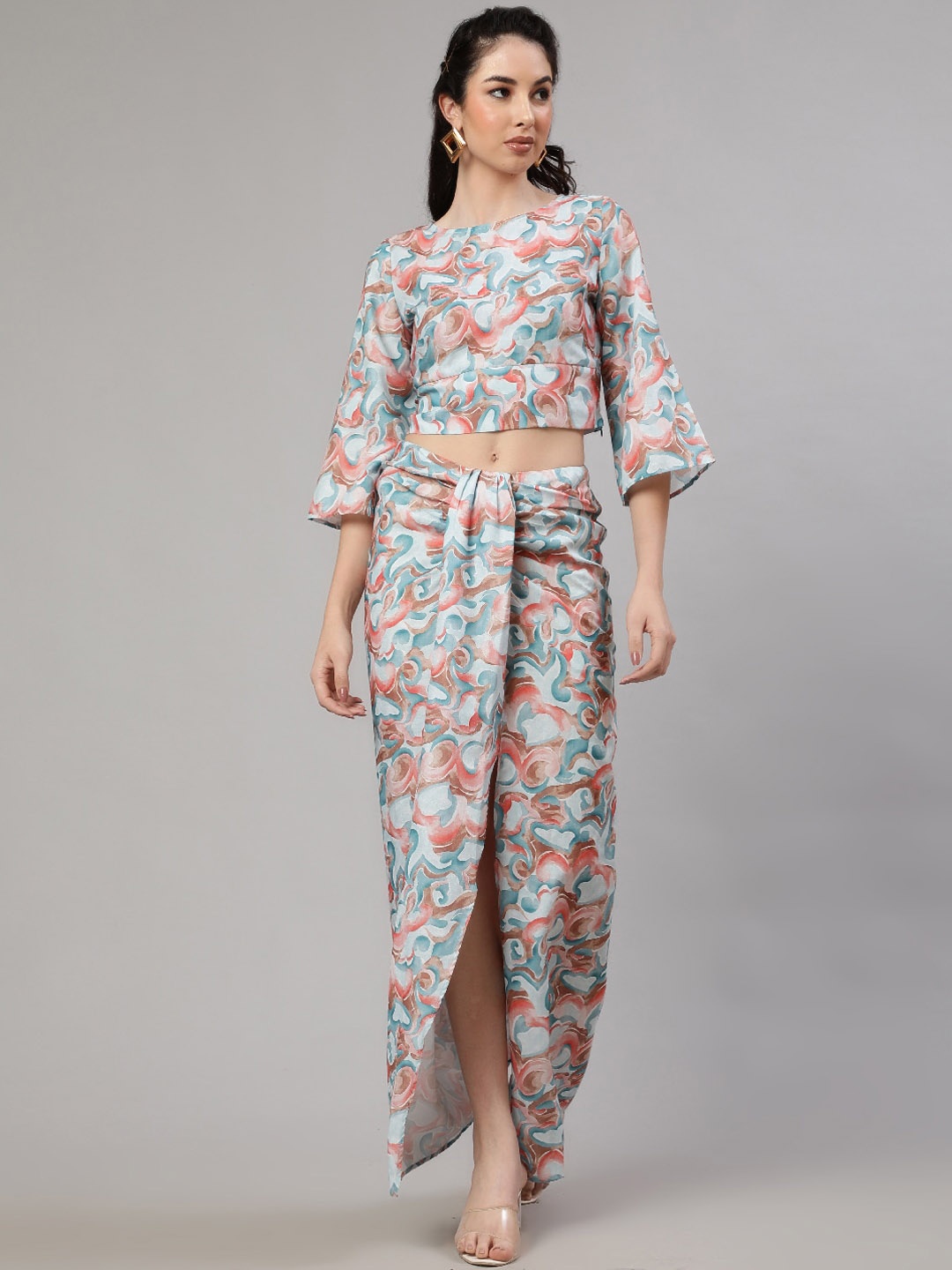 

AKS Abstract Printed Crop Top & Skirt, Blue