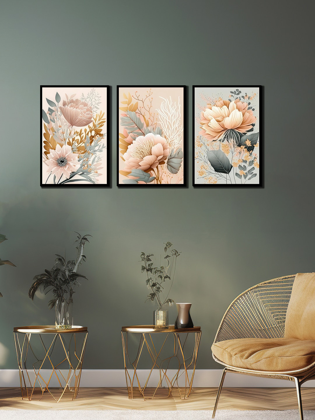 

WENS 3 Pcs Black & Pink Floral Painting Framed Wall Art