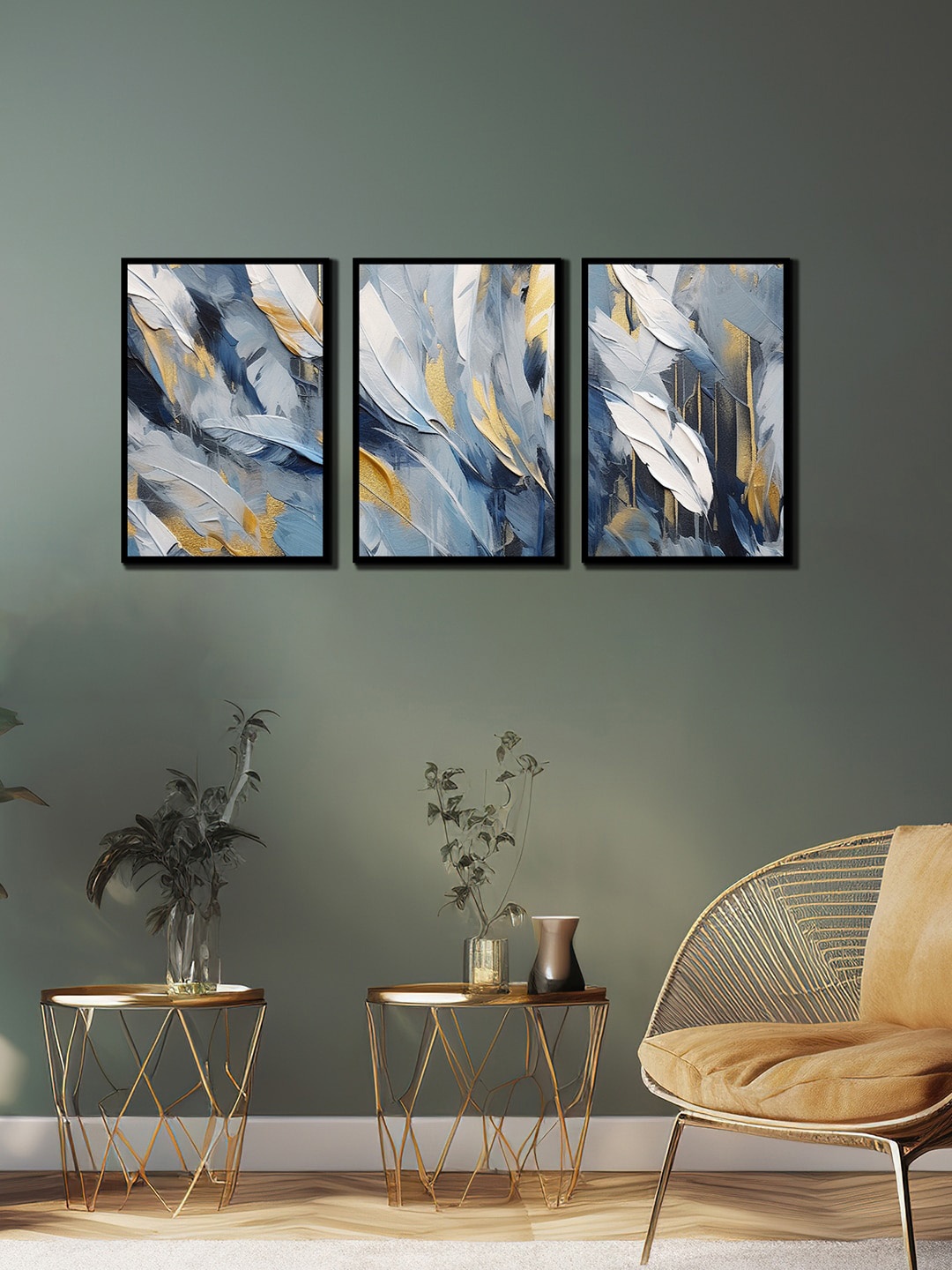

WENS 3 Pcs Black & Grey Feather Painting Framed Wall Art