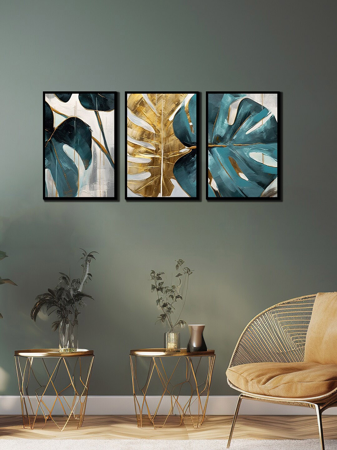

WENS 3 Pcs Black & Green Leaf Painting Framed Wall Art
