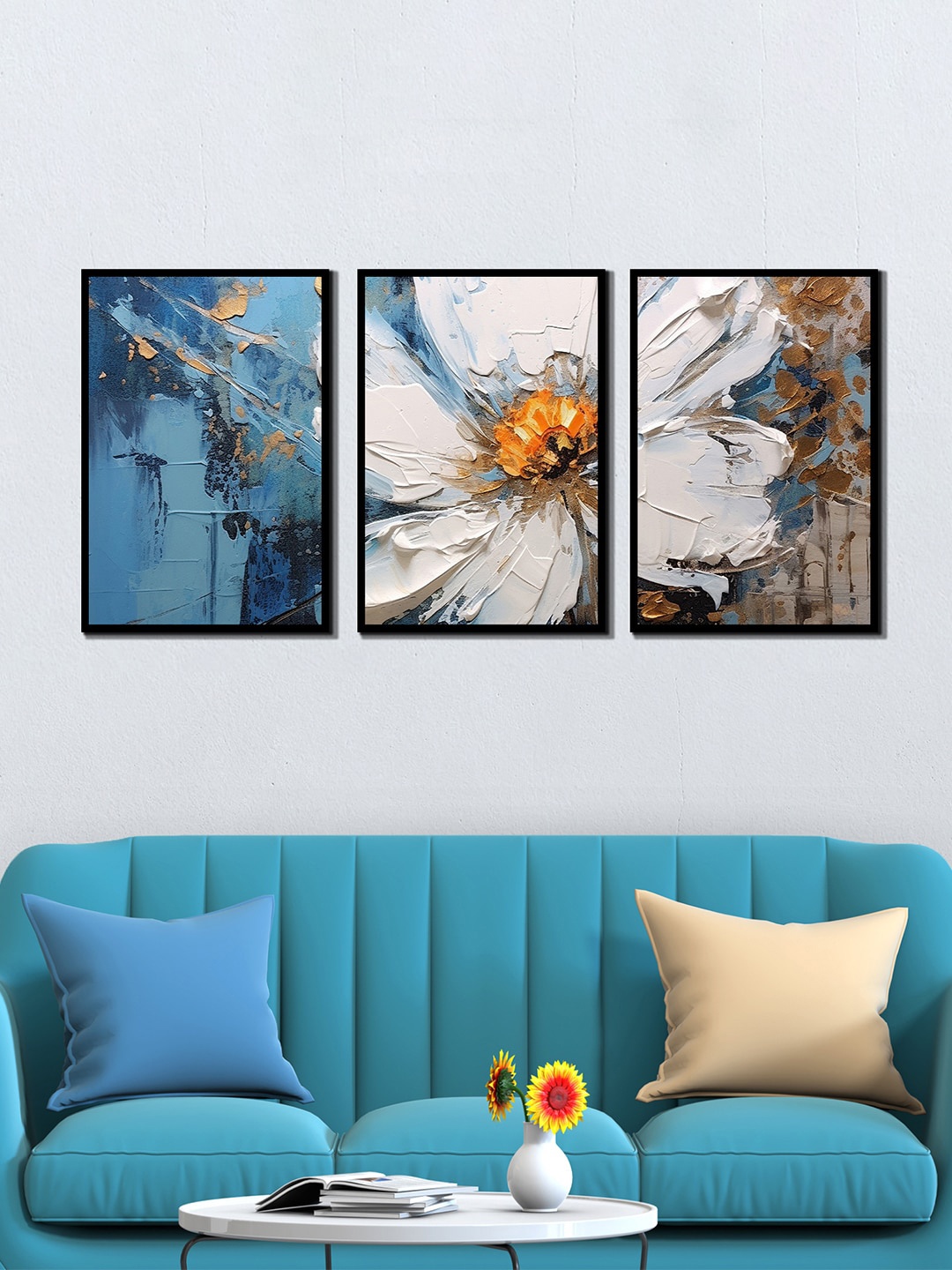 

WENS 3 Pcs Black & Blue Floral Painting Framed Wall Art