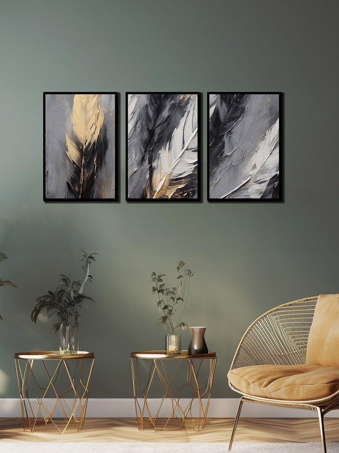 

WENS 3 Pcs Black & Grey Feather Painting Framed Wall Art