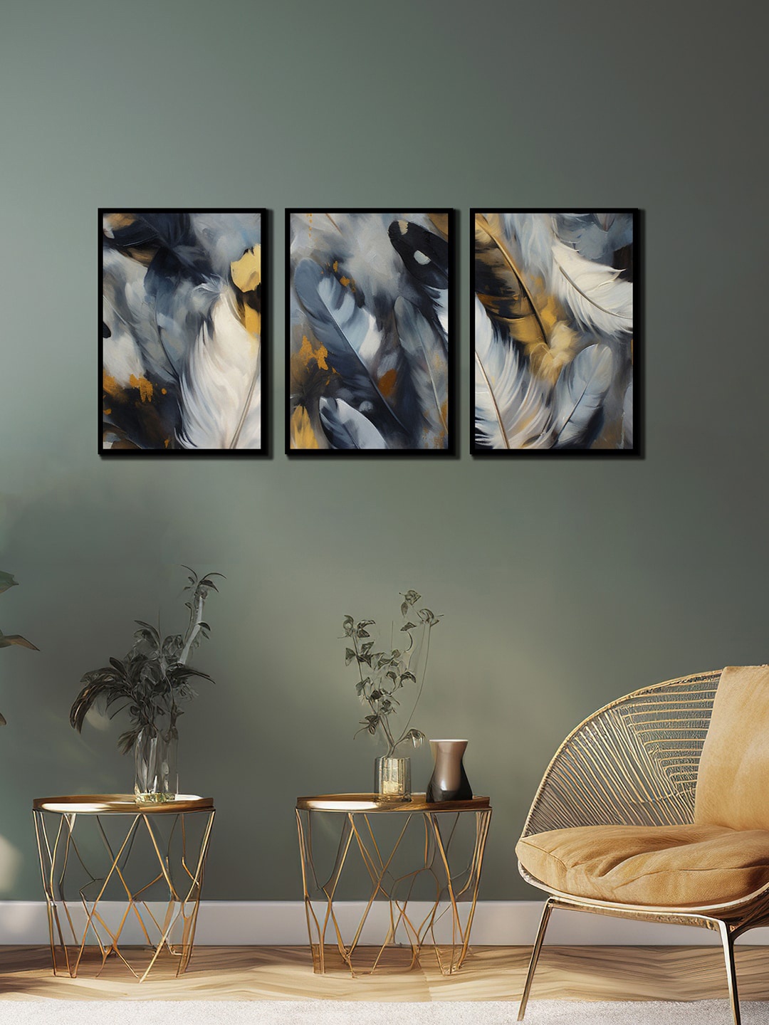 

WENS 3 Pcs Black & Grey Feather Painting Framed Wall Art