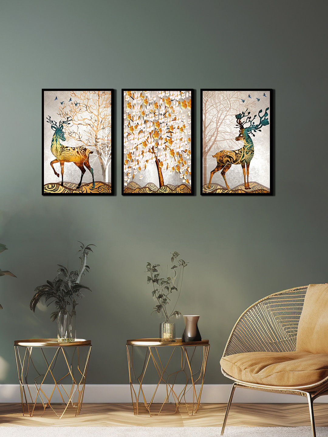 

WENS 3 Pcs White & Golden Deer Painting Framed Wall Art